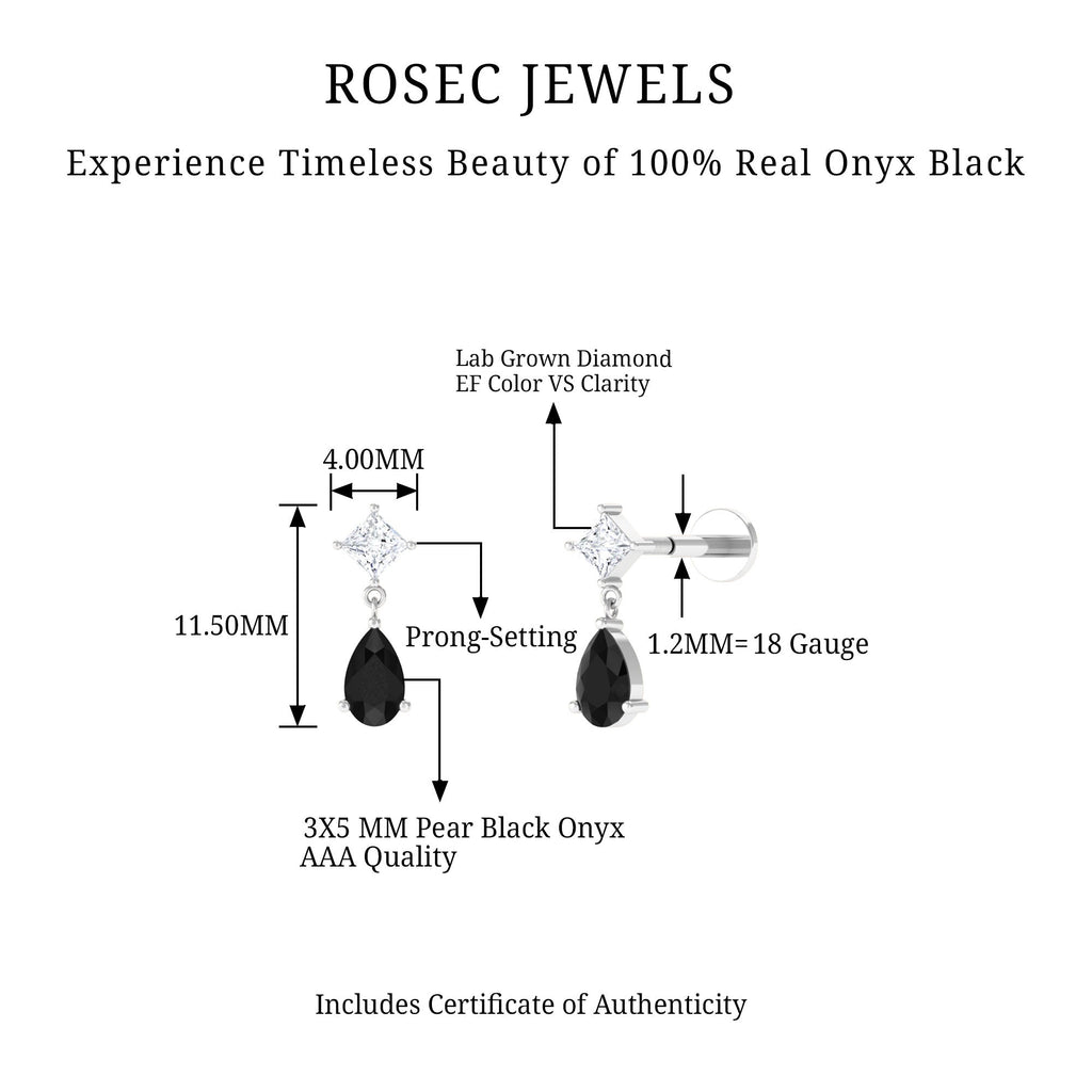 Pear Shape Black Onyx and Diamond Dangling Helix Earring