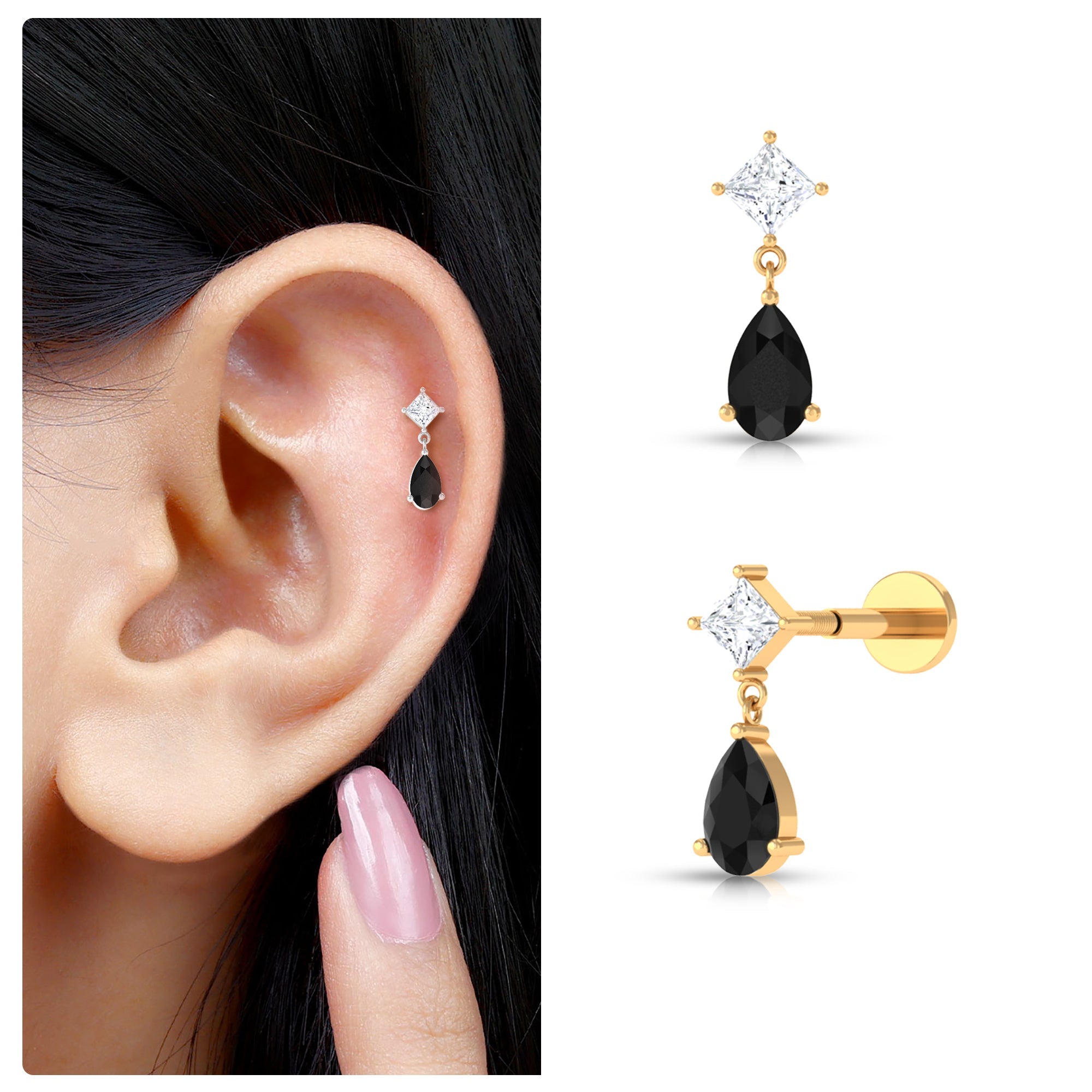Pear Shape Black Onyx and Diamond Dangling Helix Earring