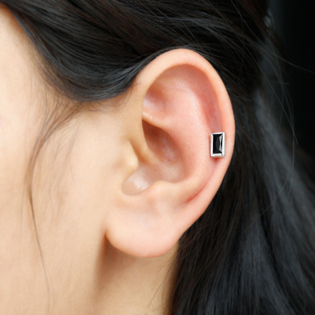 Baguette Cut Black Onyx Helix Earring in Bezel Setting