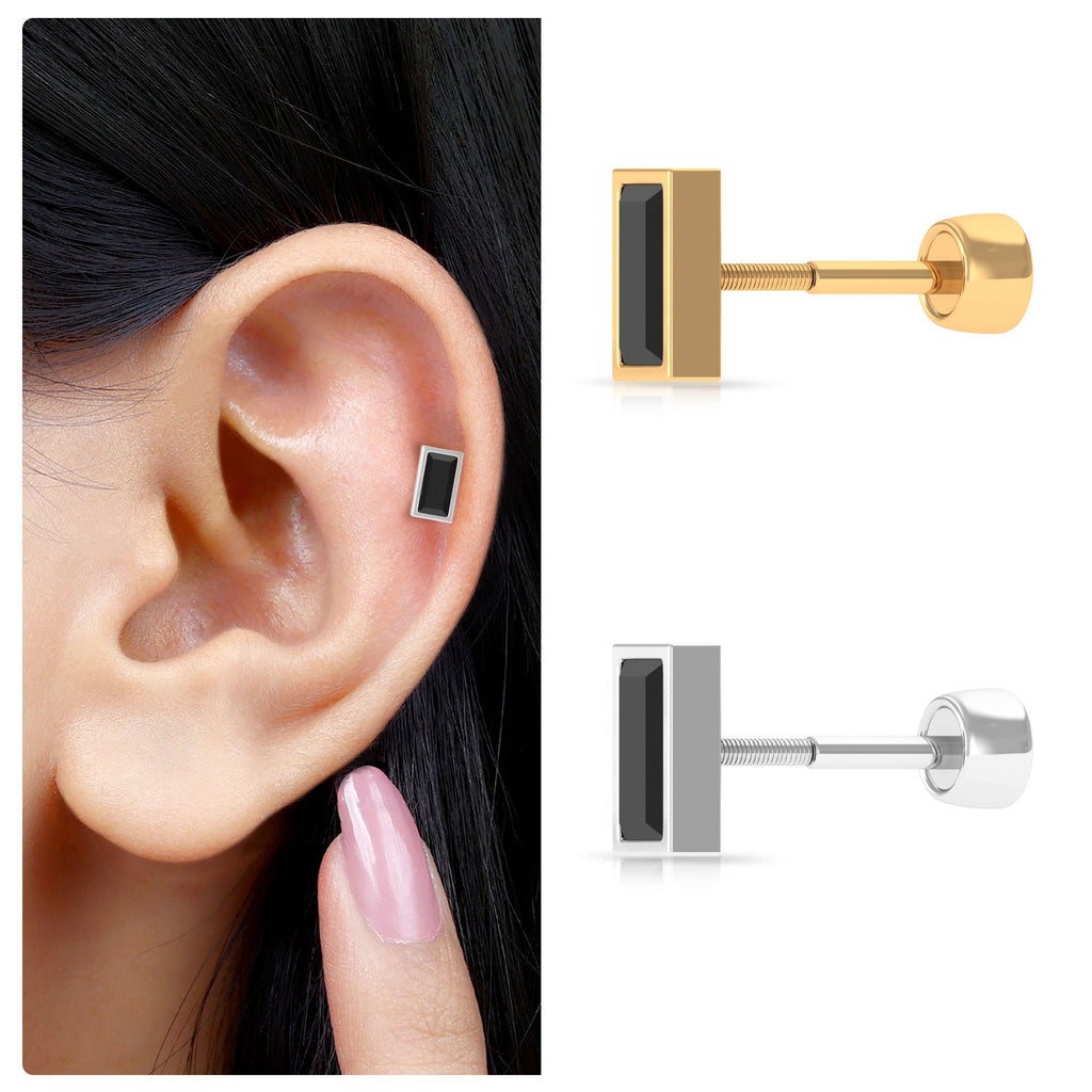 Baguette Cut Black Onyx Helix Earring in Bezel Setting