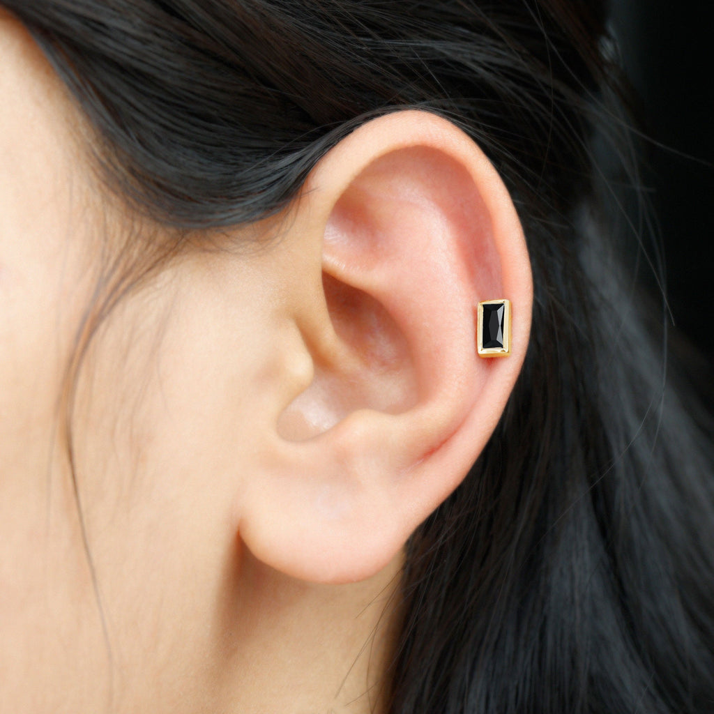 Baguette Cut Black Onyx Helix Earring in Bezel Setting