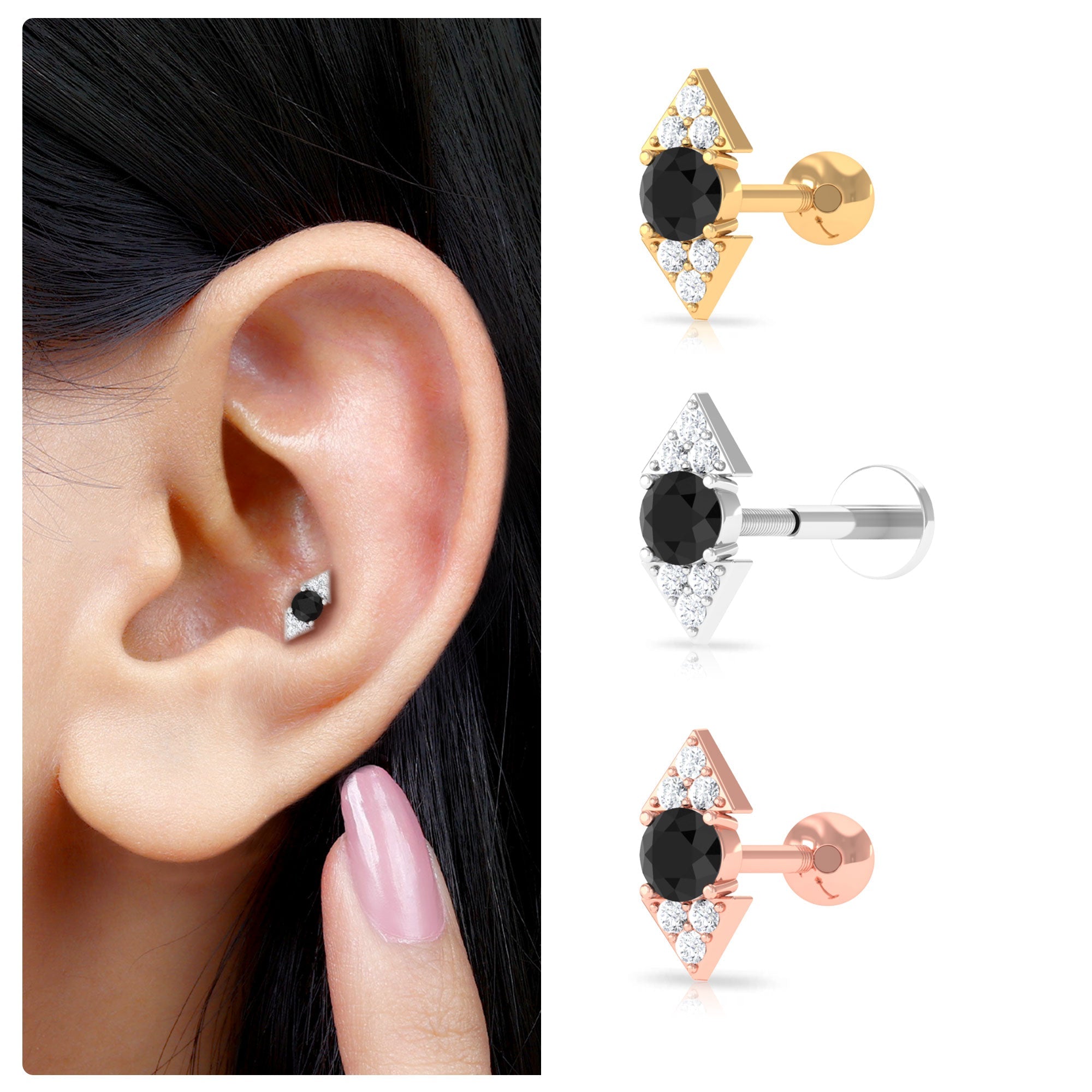 Dainty Black Onyx and Diamond Arrow Tragus Earring