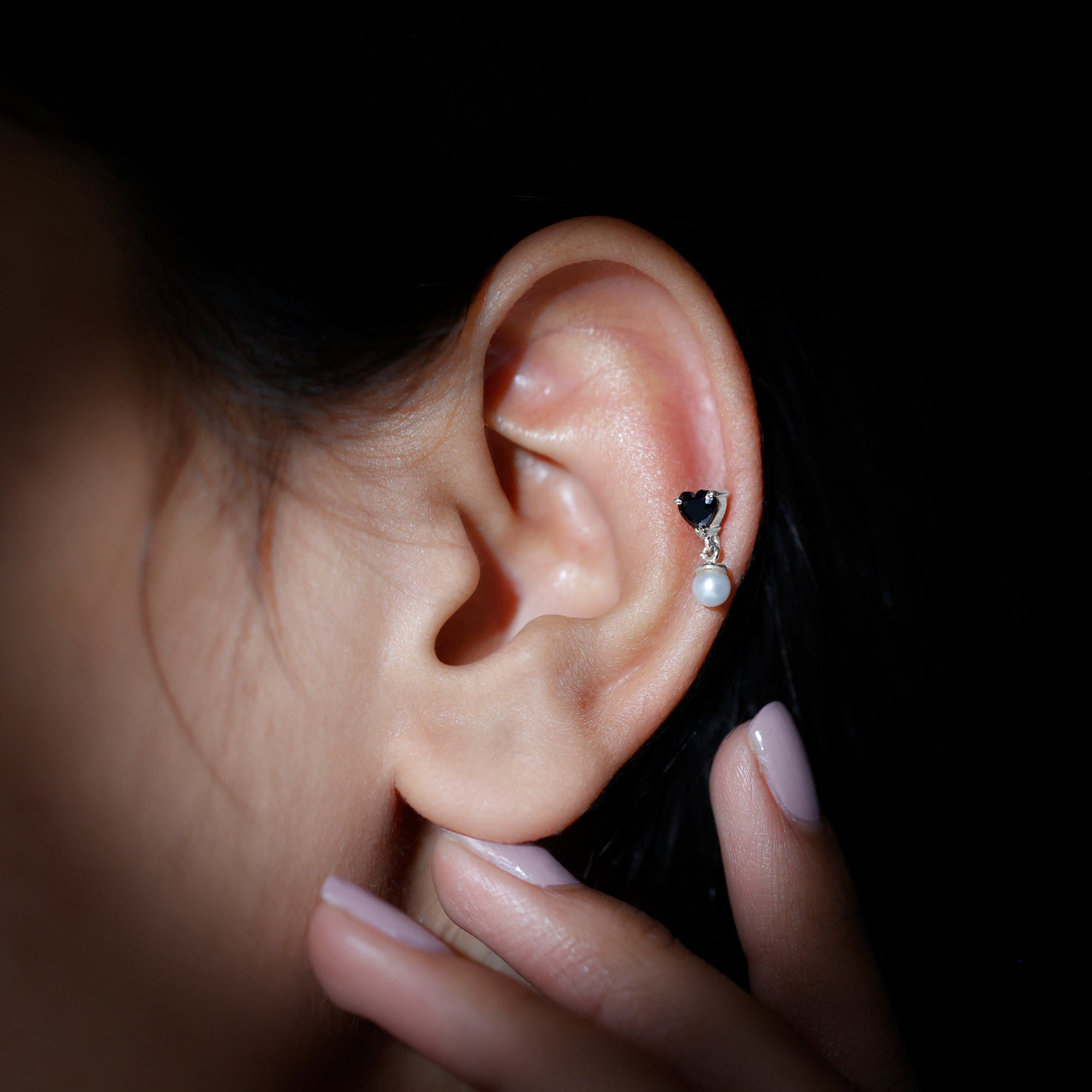 Real Black Onyx and Freshwater Pearl Helix Drop Earring
