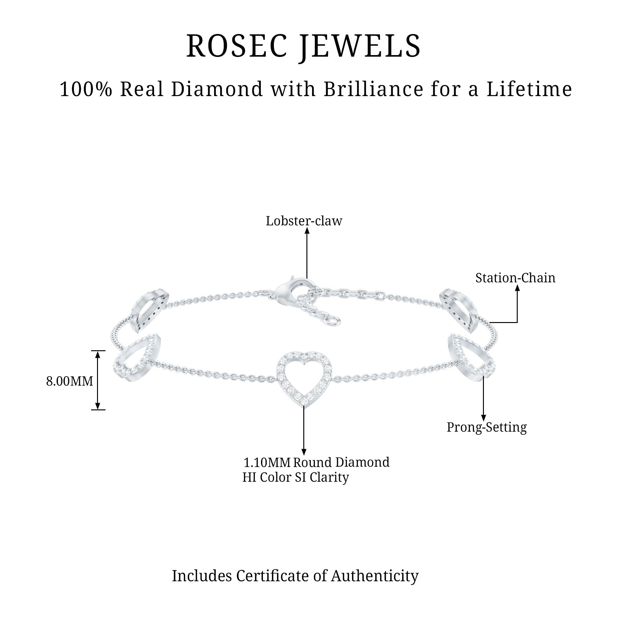 Diamond Heart Bracelet - Certified Prong Setting Chain With Round Brilliant Diamonds