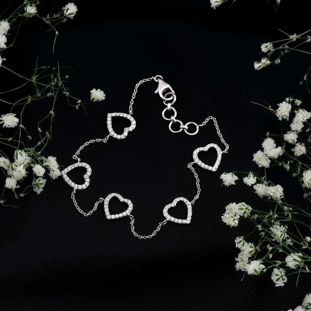 Diamond Heart Bracelet - Certified Prong Setting Chain With Round Brilliant Diamonds