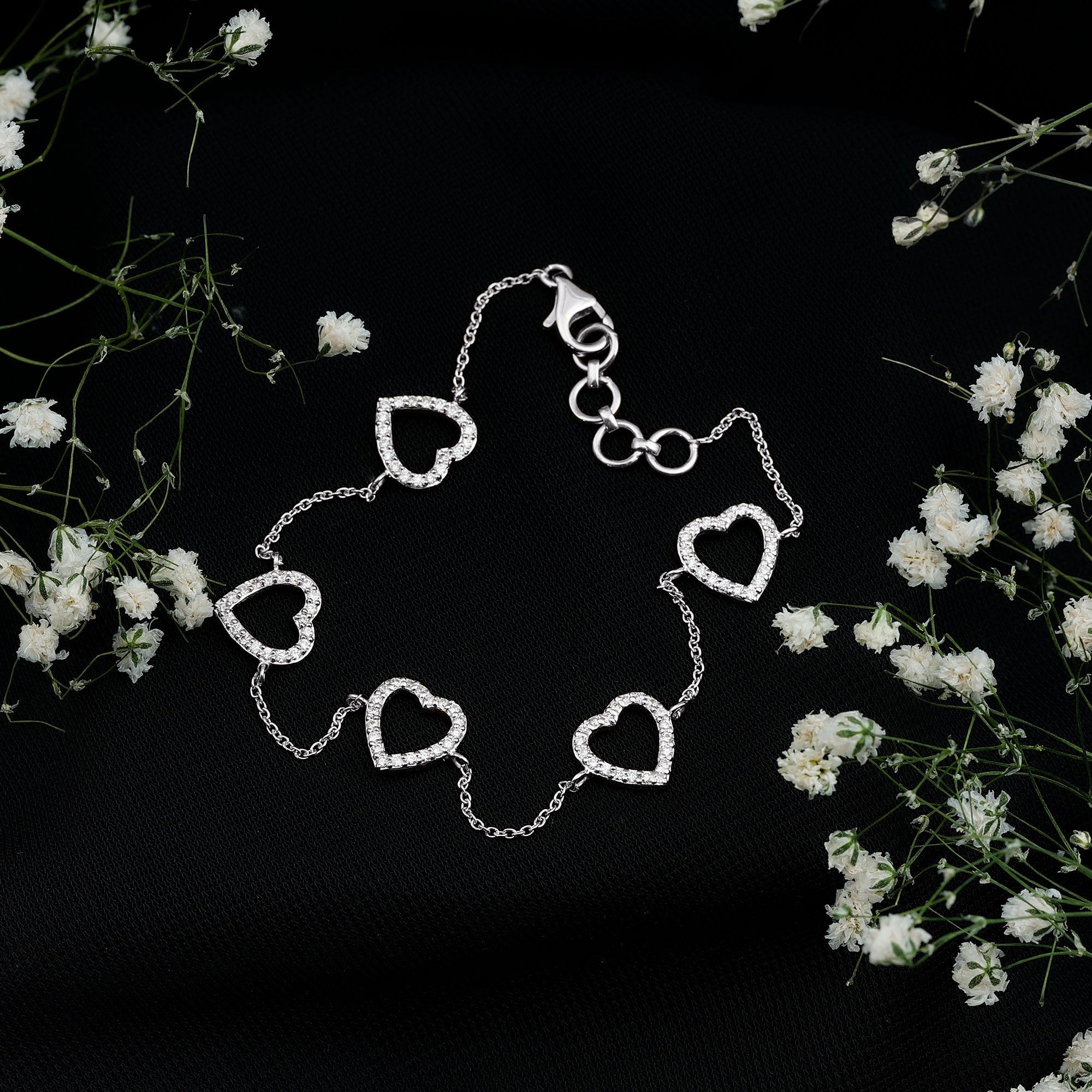 Diamond Heart Bracelet - Certified Prong Setting Chain With Round Brilliant Diamonds