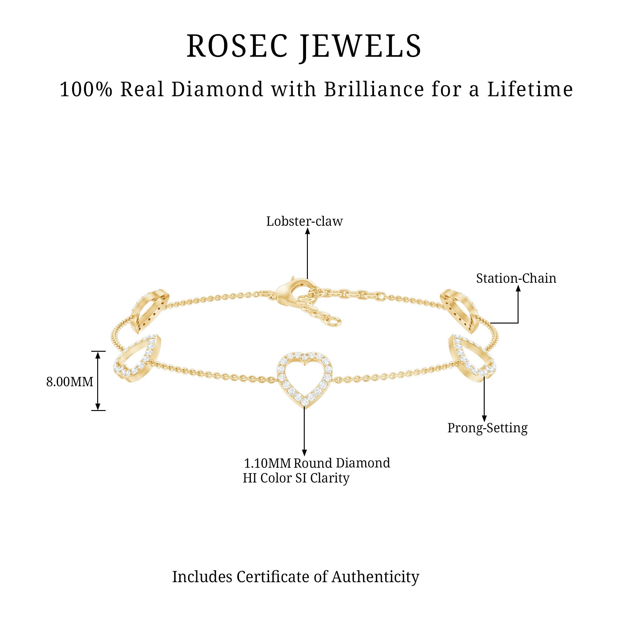 Diamond Heart Bracelet - Certified Prong Setting Chain With Round Brilliant Diamonds