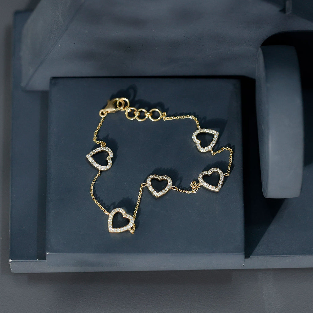Diamond Heart Bracelet - Certified Prong Setting Chain With Round Brilliant Diamonds