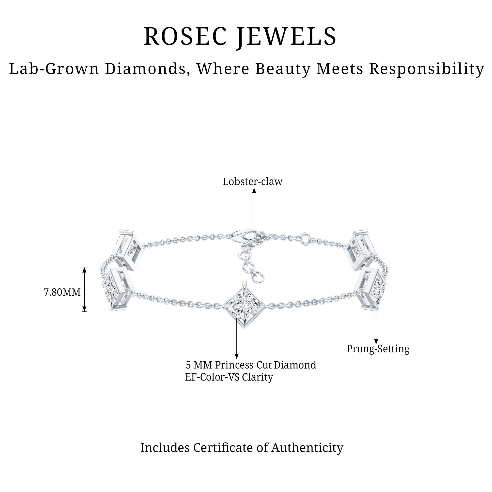 Princess Cut Bracelet – Lab Grown Diamonds 4 Carat Minimalist Diamond Chain