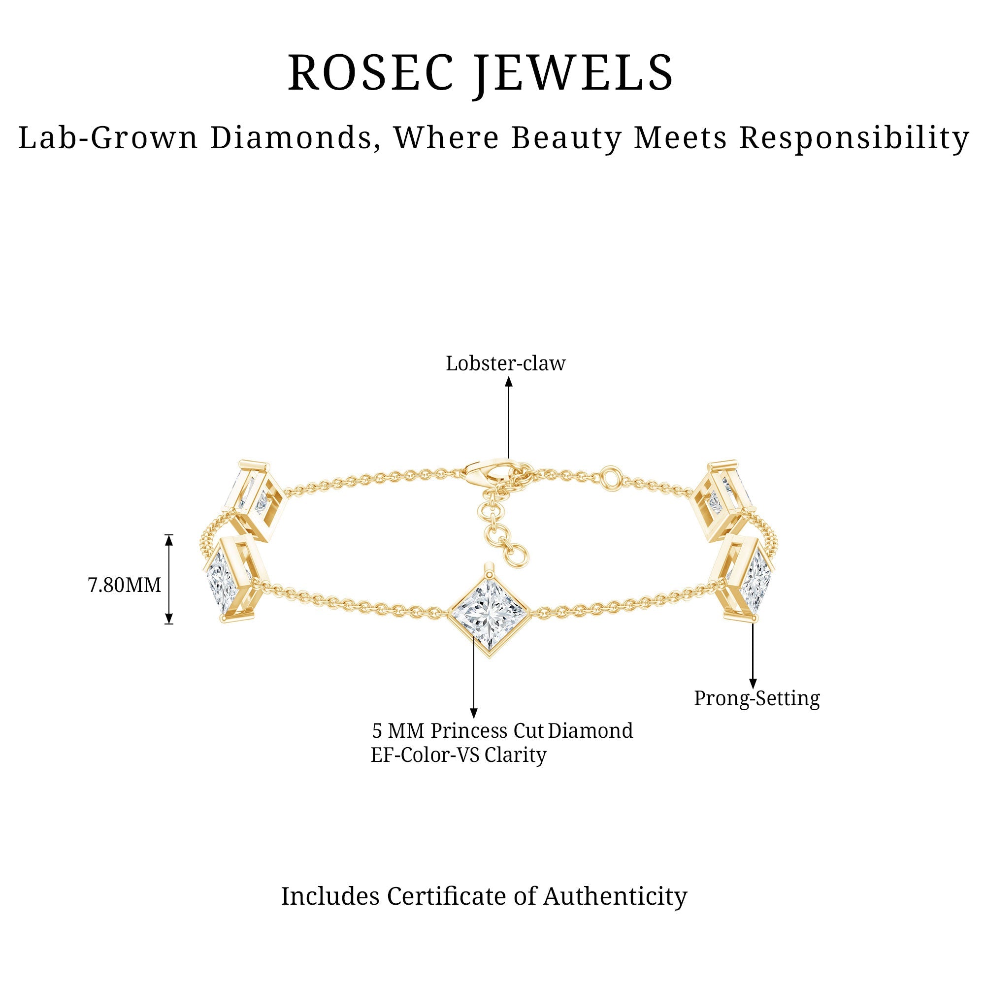 Princess Cut Bracelet – Lab Grown Diamonds 4 Carat Minimalist Diamond Chain