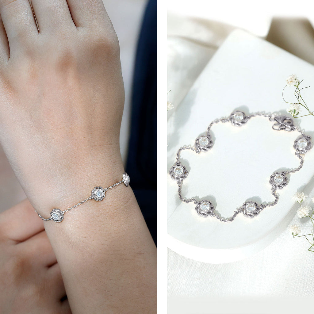 Lab Grown Diamond Bracelet – Delicate Floral Flower Station Chain Jewelry