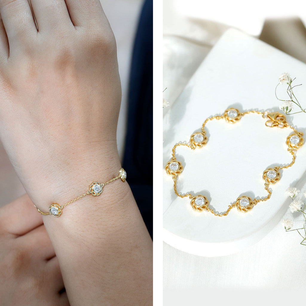 Lab Grown Diamond Bracelet – Delicate Floral Flower Station Chain Jewelry