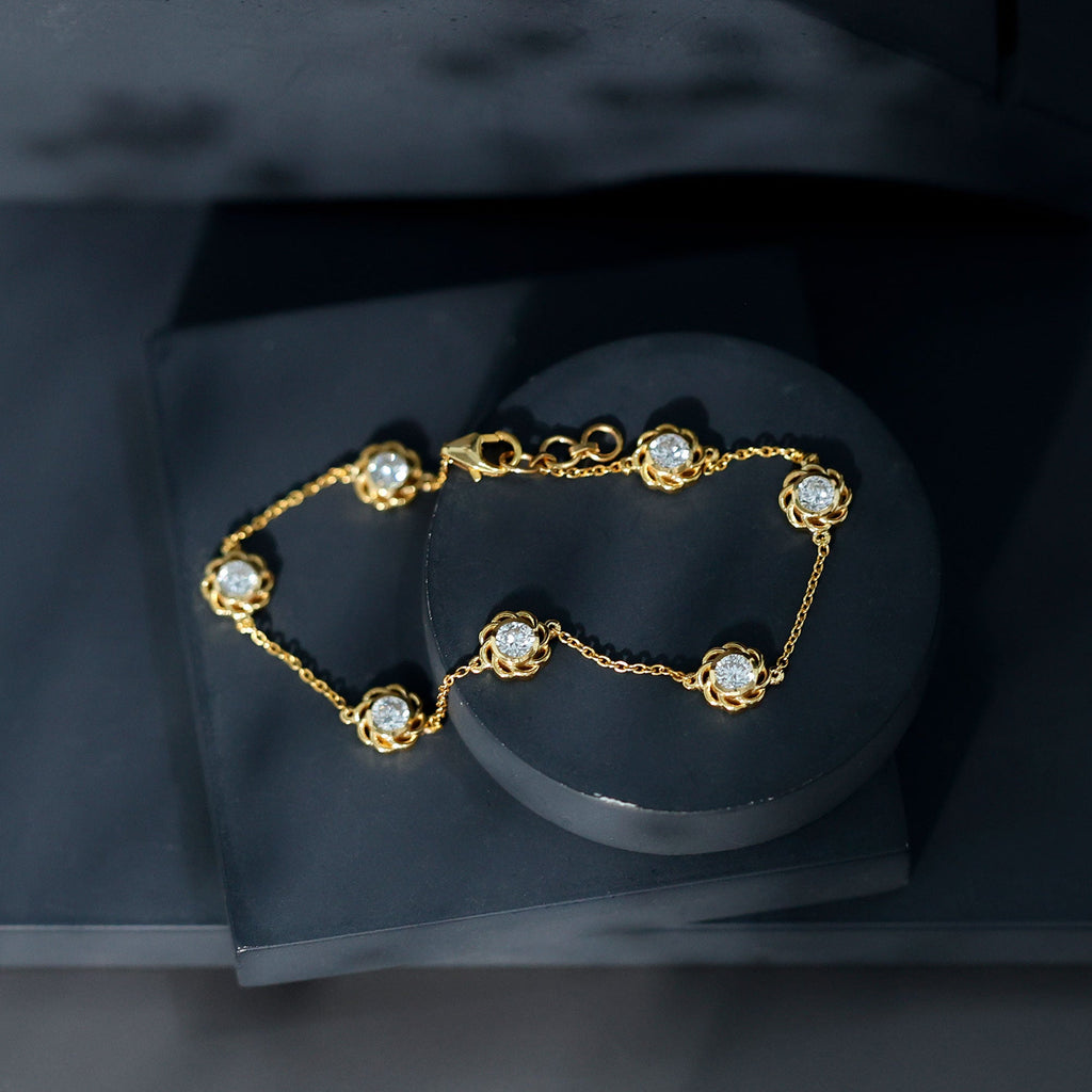 Lab Grown Diamond Bracelet – Delicate Floral Flower Station Chain Jewelry