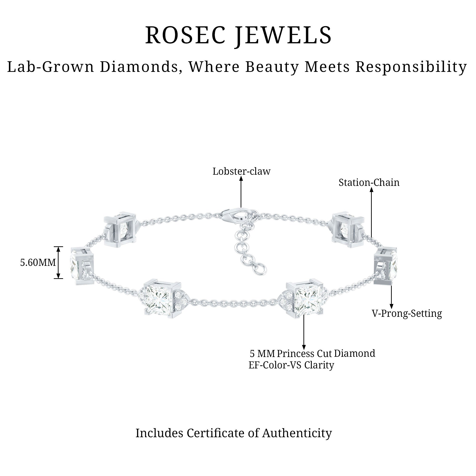 Lab Grown Diamond Bracelet – Princess Cut Diamonds Art Deco Station Chain Design