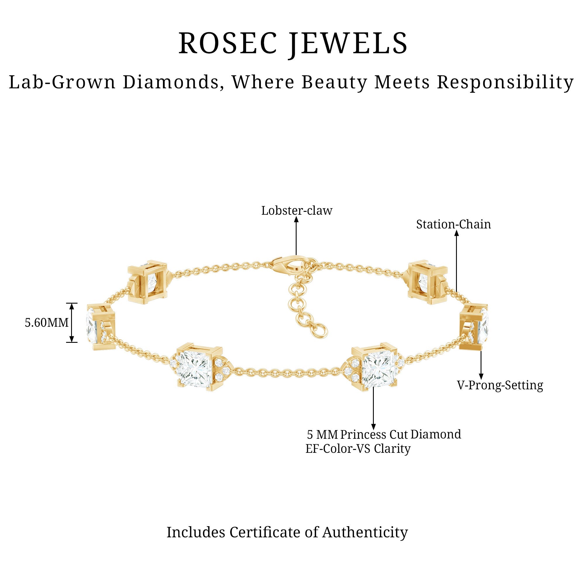 Lab Grown Diamond Bracelet – Princess Cut Diamonds Art Deco Station Chain Design