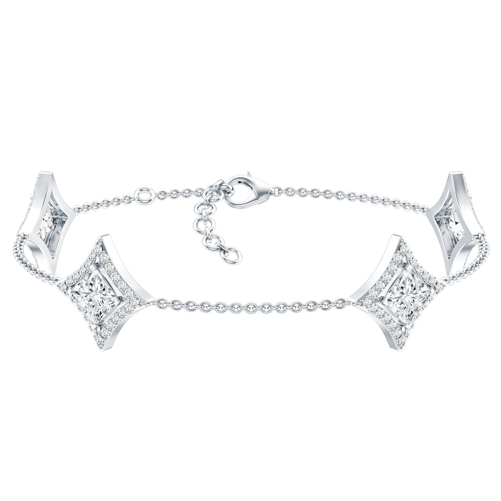 Lab Grown Diamond Bracelet - Princess Cut Diamonds, Halo Setting & Station Chain Design