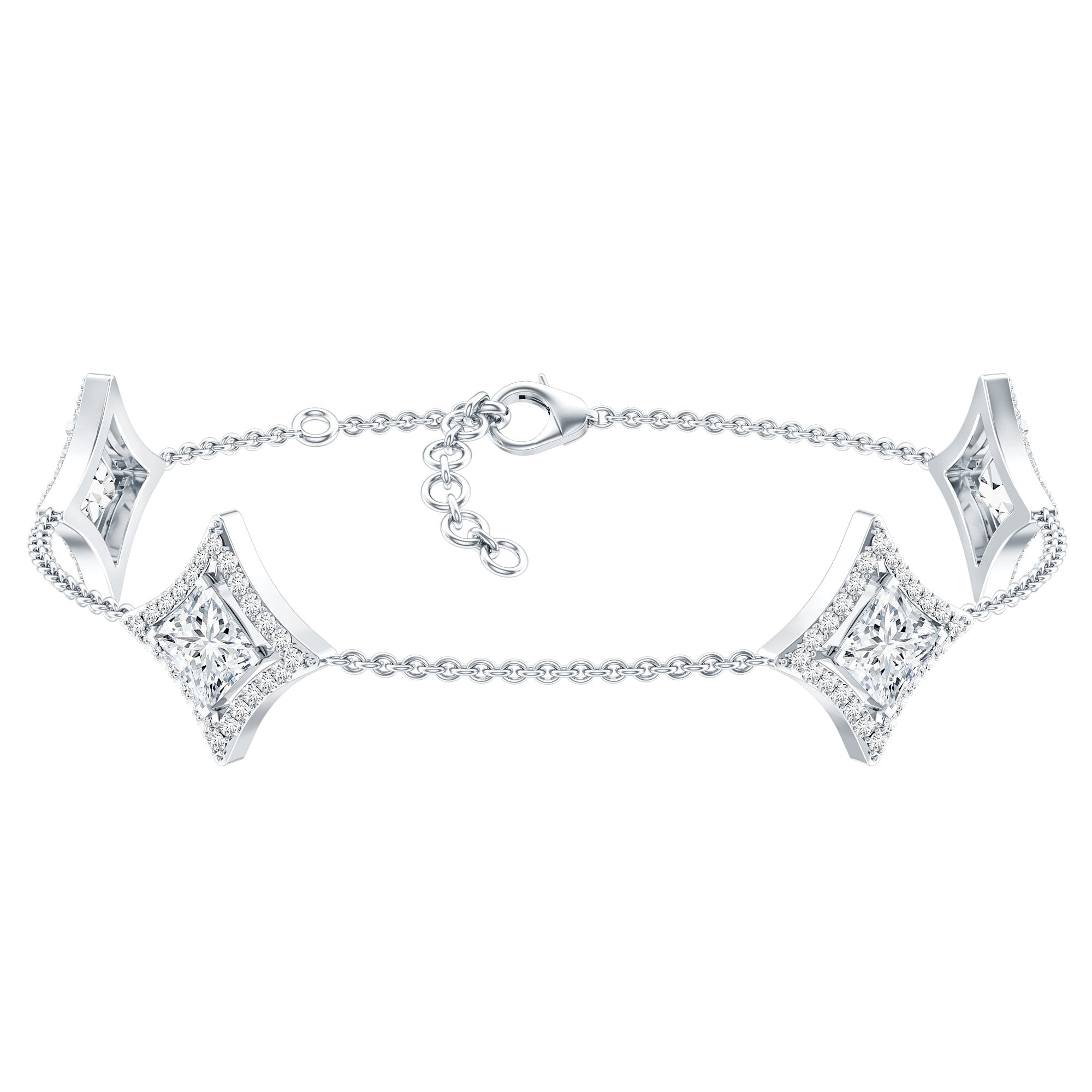 Lab Grown Diamond Bracelet - Princess Cut Diamonds, Halo Setting & Station Chain Design