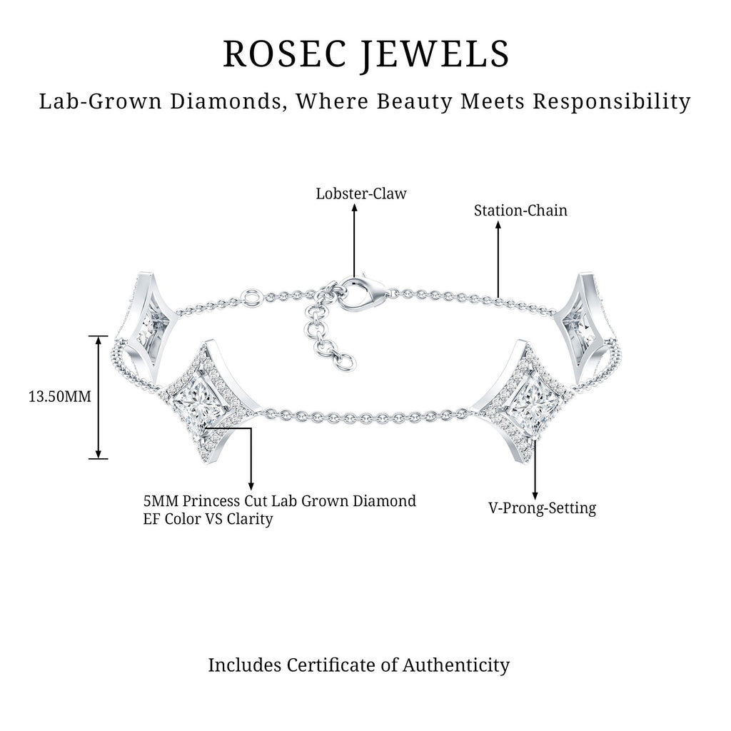 Lab Grown Diamond Bracelet - Princess Cut Diamonds, Halo Setting & Station Chain Design
