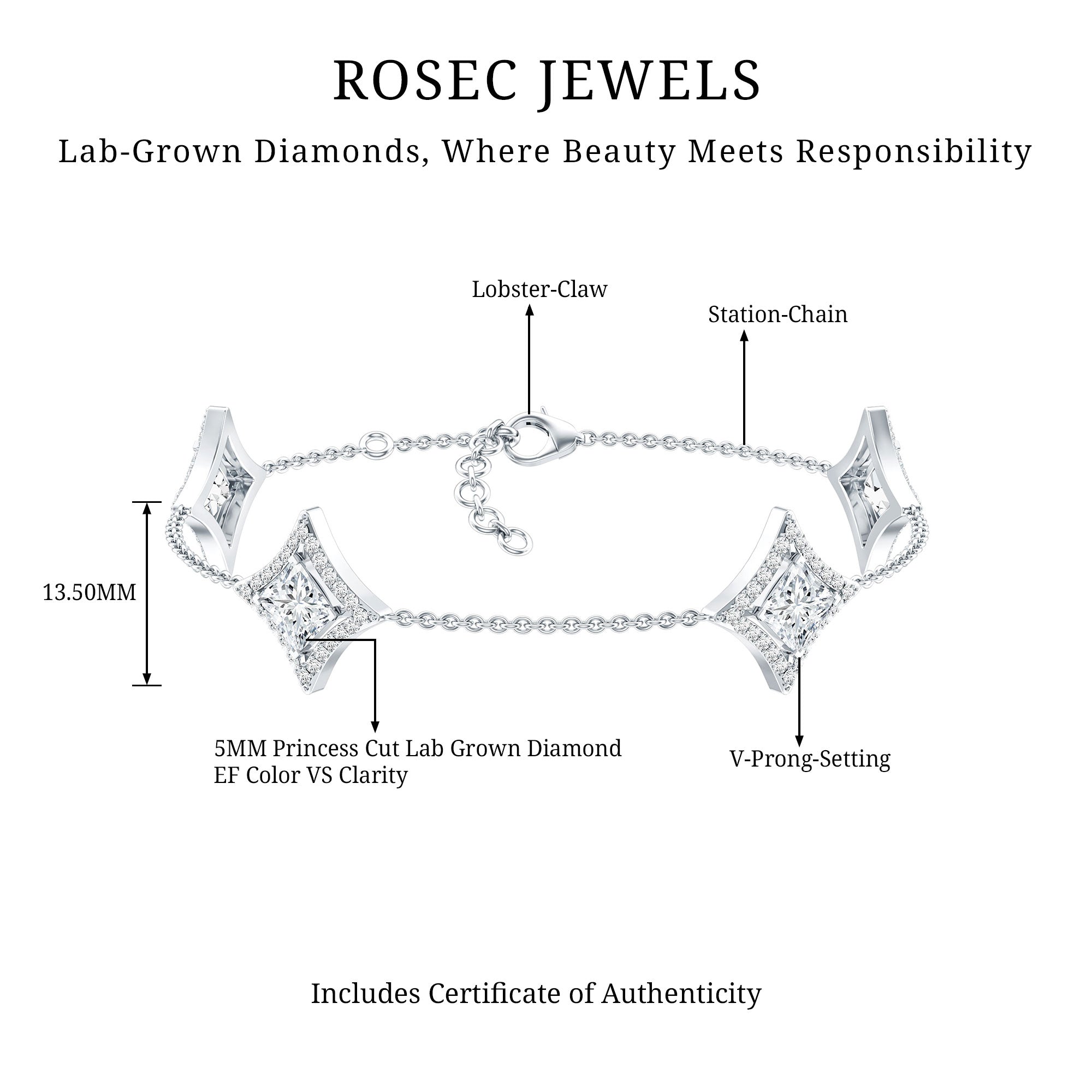 Lab Grown Diamond Bracelet - Princess Cut Diamonds, Halo Setting & Station Chain Design