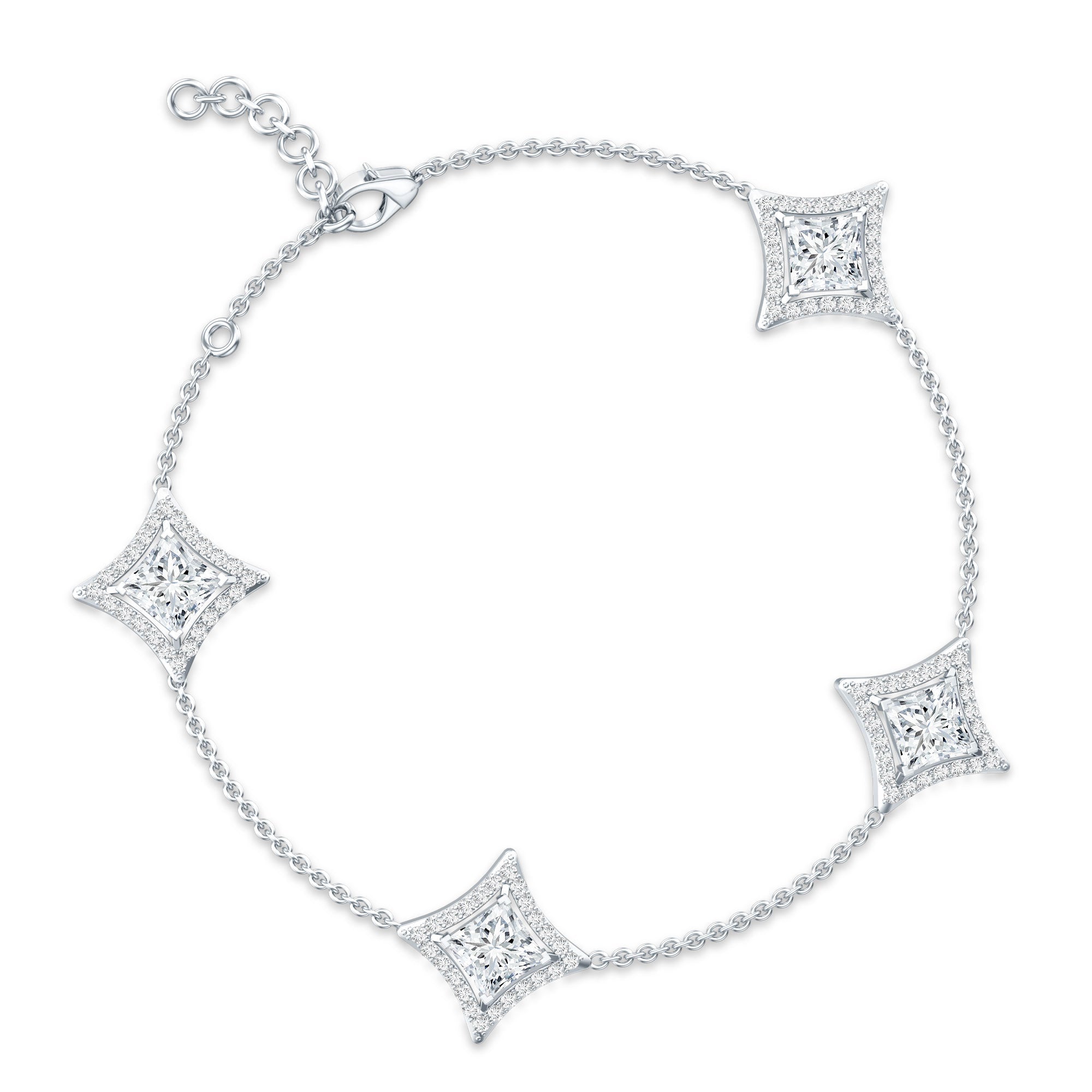 Lab Grown Diamond Bracelet - Princess Cut Diamonds, Halo Setting & Station Chain Design