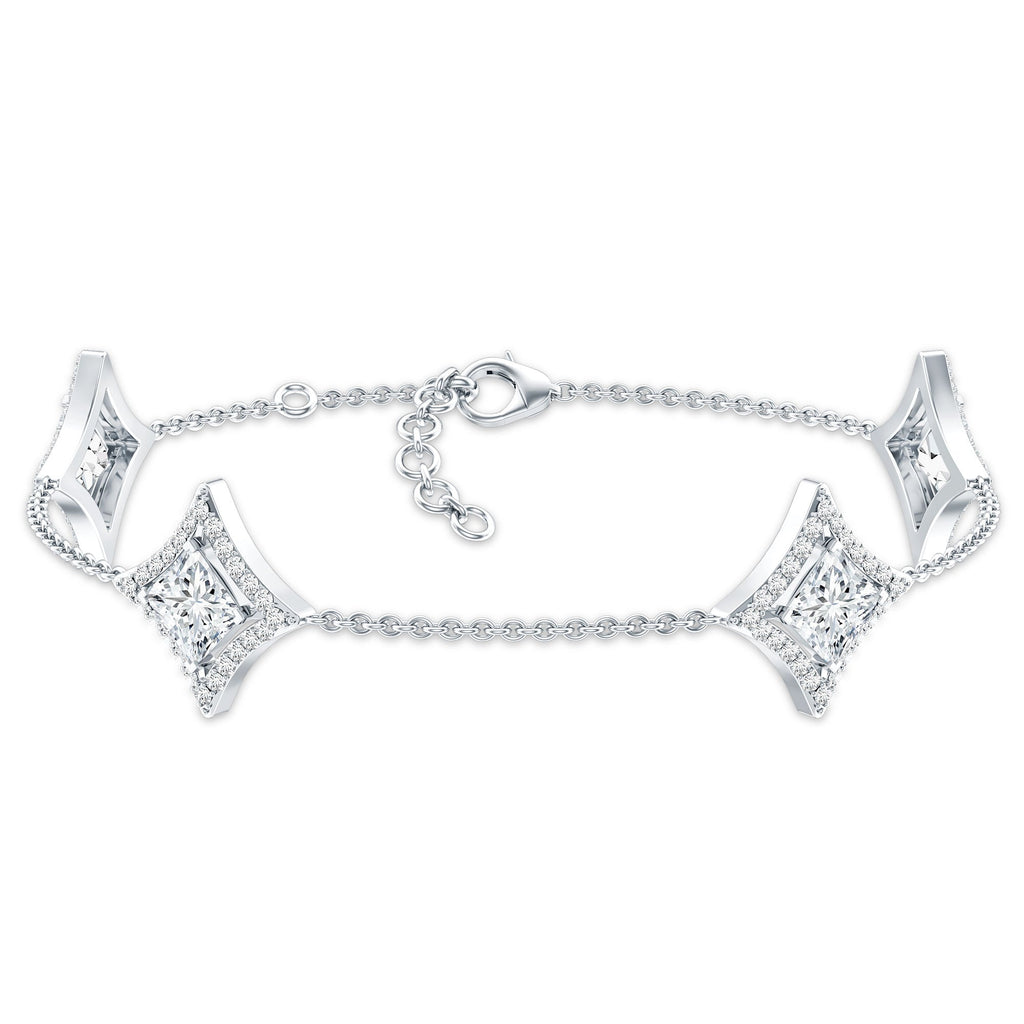 Lab Grown Diamond Bracelet - Princess Cut Diamonds, Halo Setting & Station Chain Design