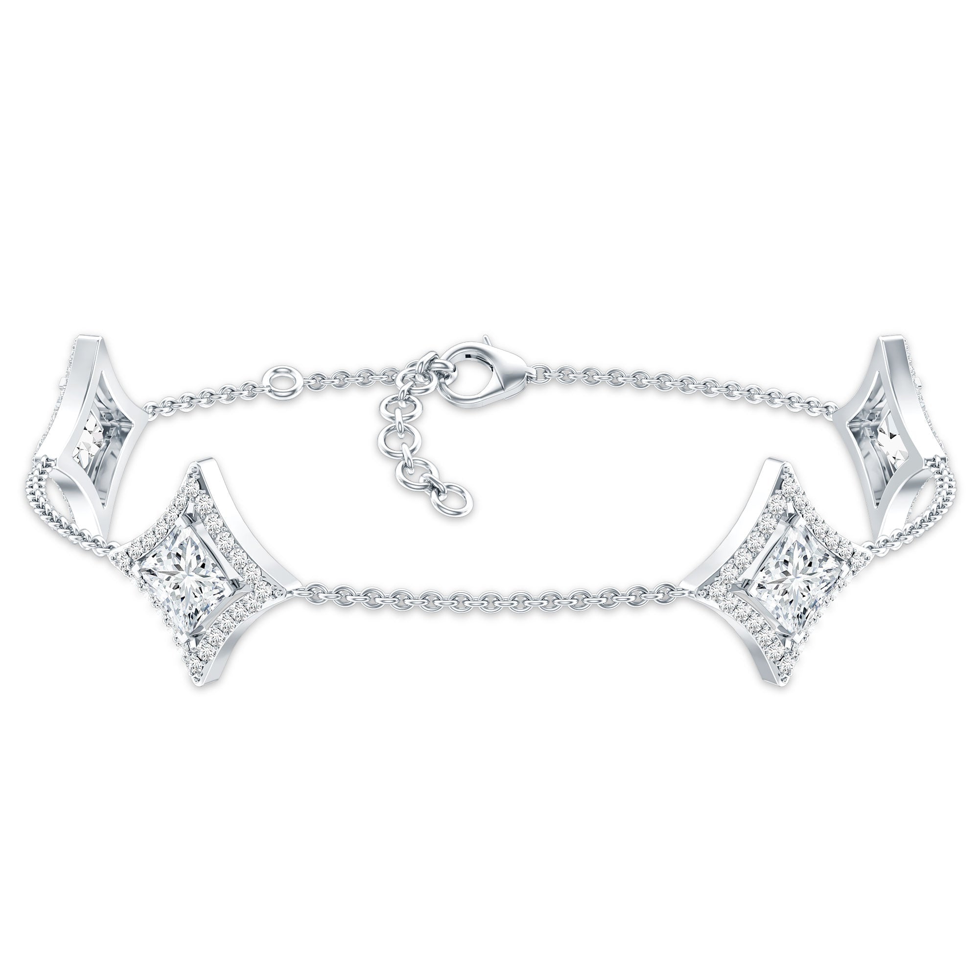 Lab Grown Diamond Bracelet - Princess Cut Diamonds, Halo Setting & Station Chain Design