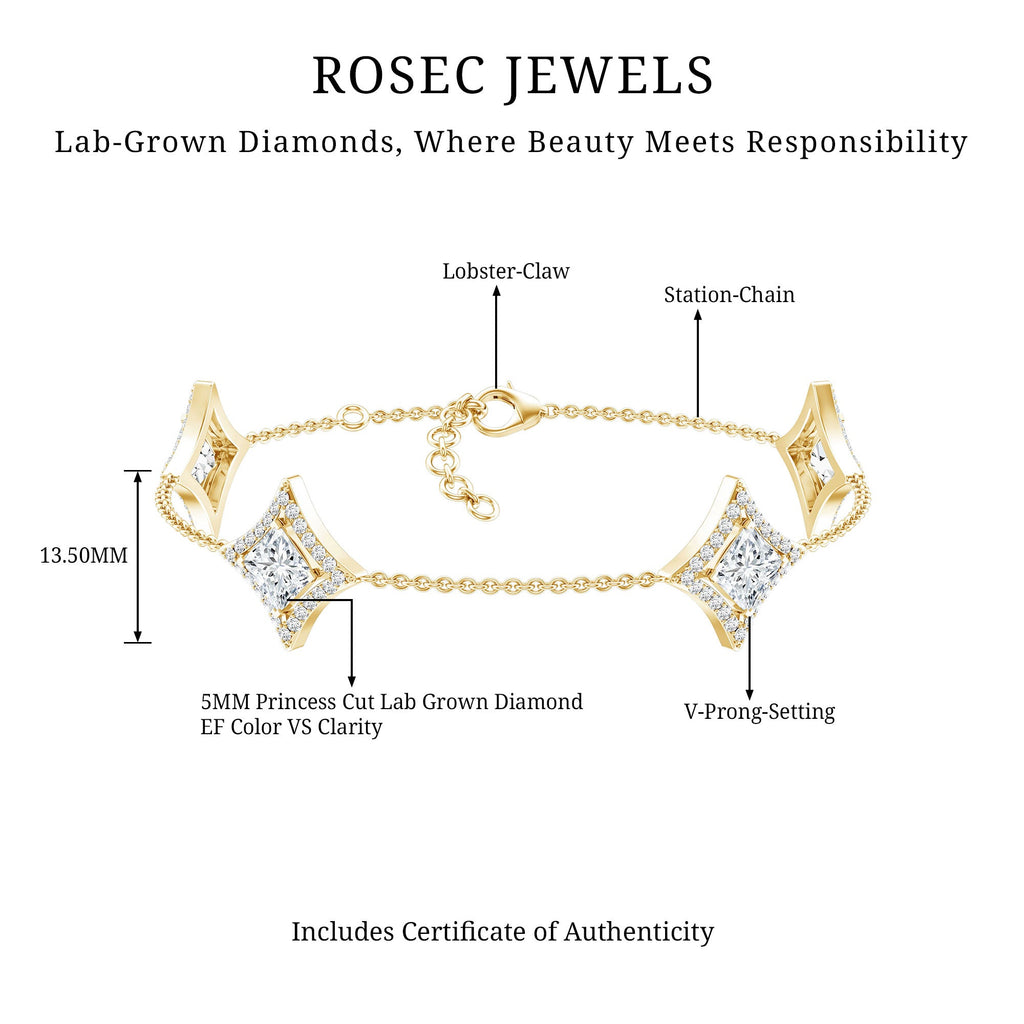 Lab Grown Diamond Bracelet - Princess Cut Diamonds, Halo Setting & Station Chain Design