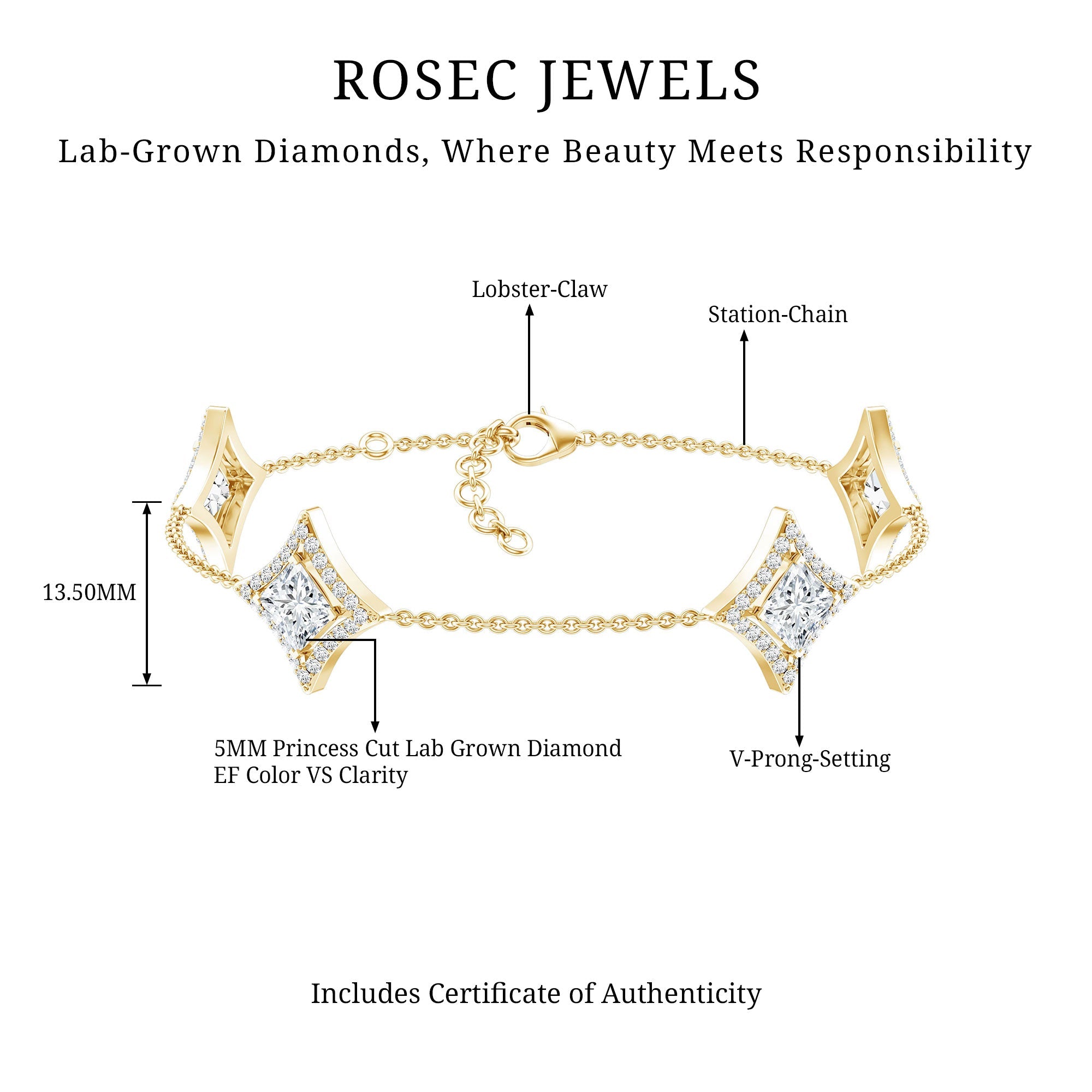 Lab Grown Diamond Bracelet - Princess Cut Diamonds, Halo Setting & Station Chain Design