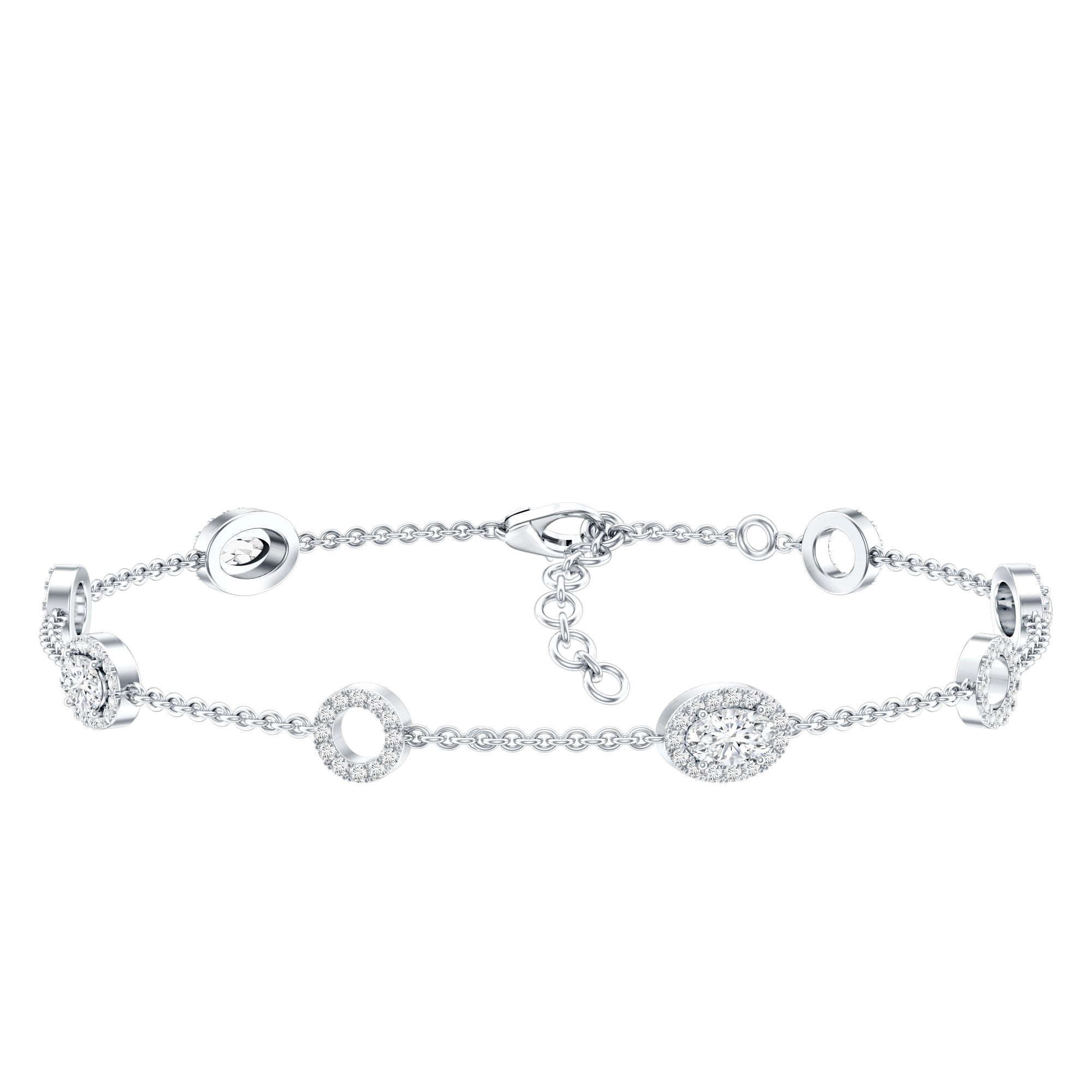 Lab Grown Diamond Bracelet - Bridal Station Chain With Halo Oval Diamonds EF-VS Quality