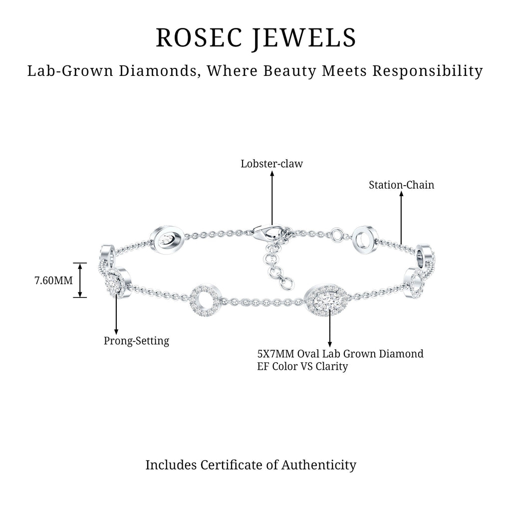 Lab Grown Diamond Bracelet - Bridal Station Chain With Halo Oval Diamonds EF-VS Quality