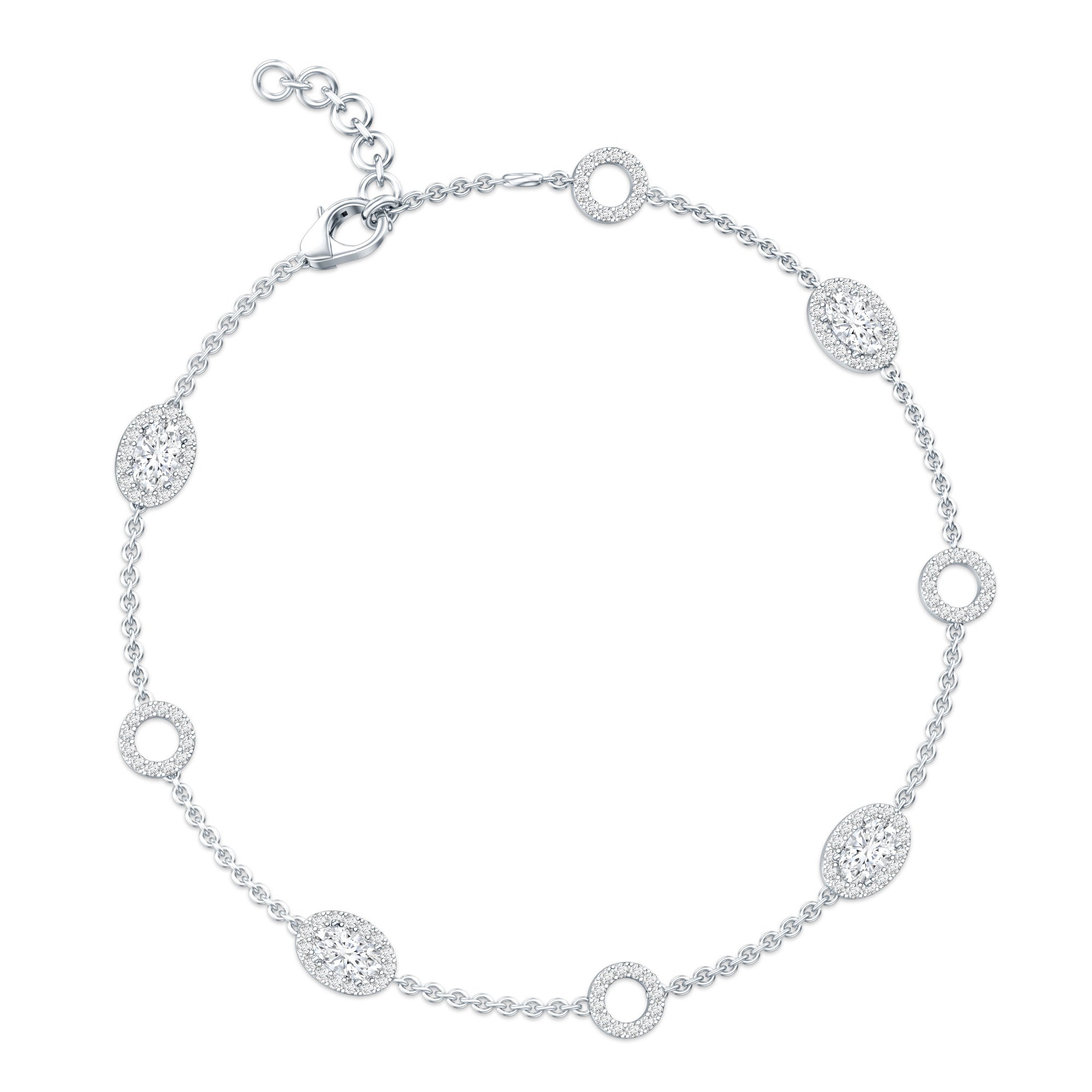 Lab Grown Diamond Bracelet - Bridal Station Chain With Halo Oval Diamonds EF-VS Quality