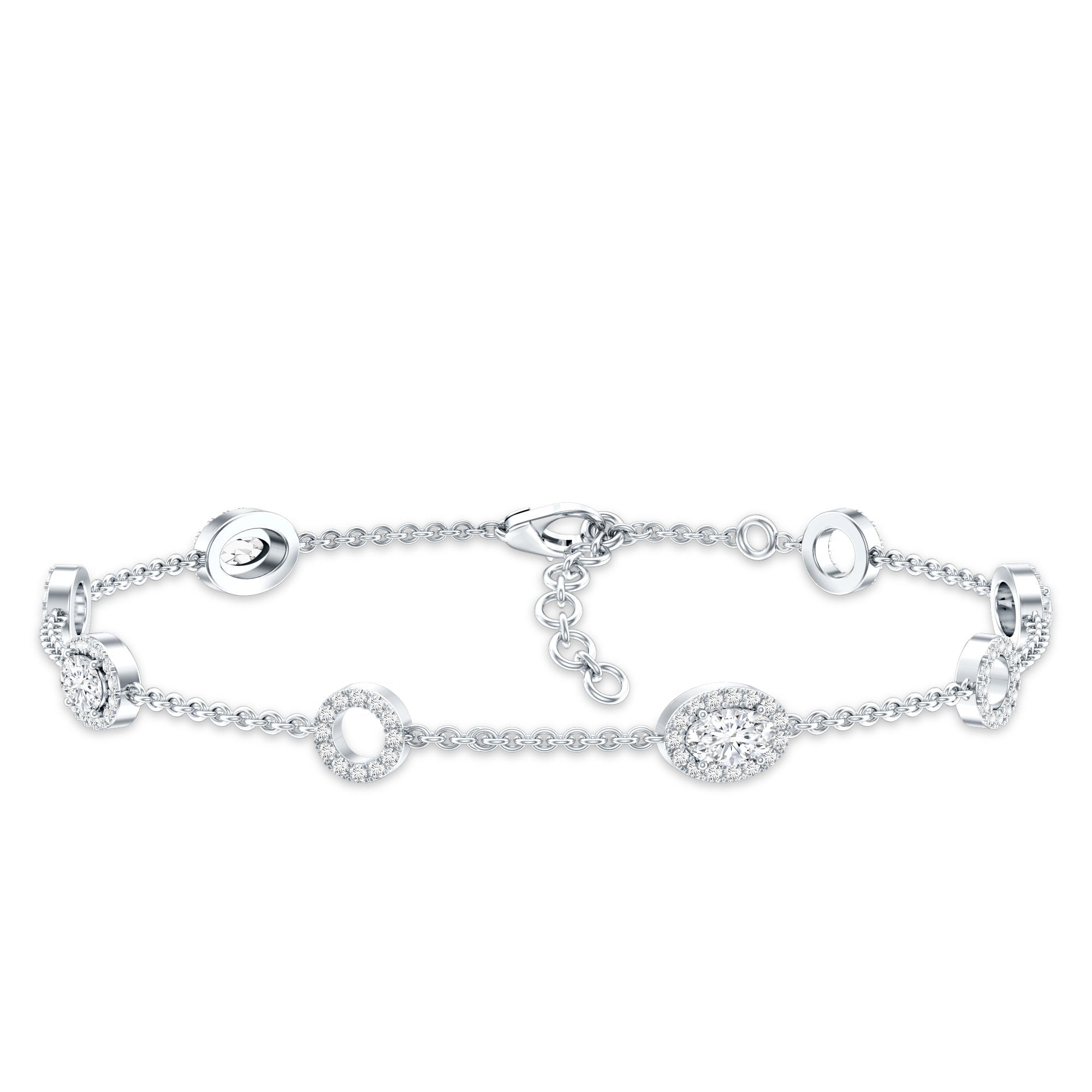 Lab Grown Diamond Bracelet - Bridal Station Chain With Halo Oval Diamonds EF-VS Quality