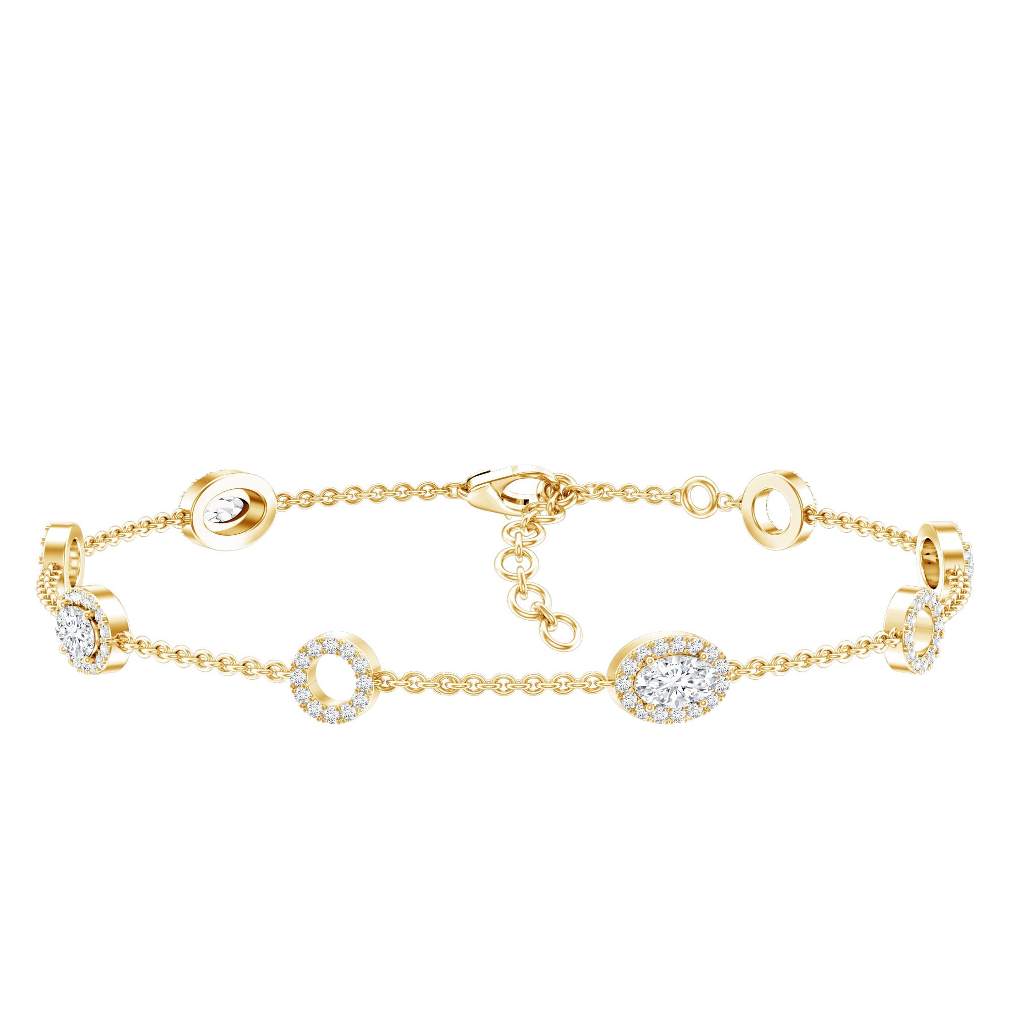 Lab Grown Diamond Bracelet - Bridal Station Chain With Halo Oval Diamonds EF-VS Quality
