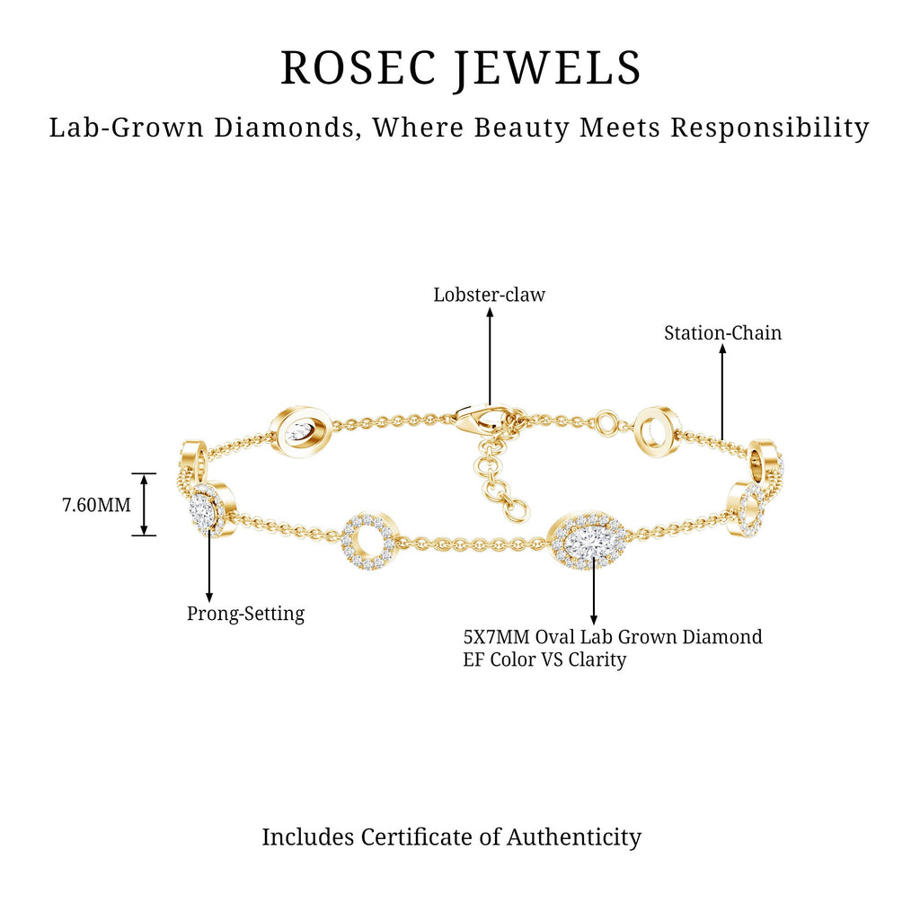 Lab Grown Diamond Bracelet - Bridal Station Chain With Halo Oval Diamonds EF-VS Quality