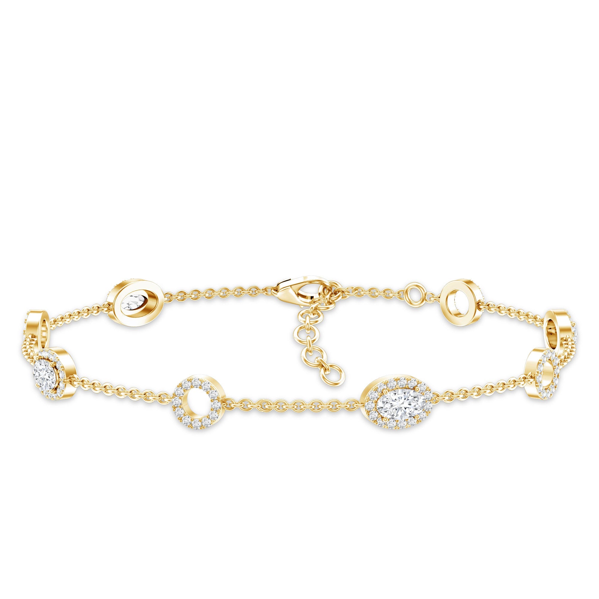Lab Grown Diamond Bracelet - Bridal Station Chain With Halo Oval Diamonds EF-VS Quality
