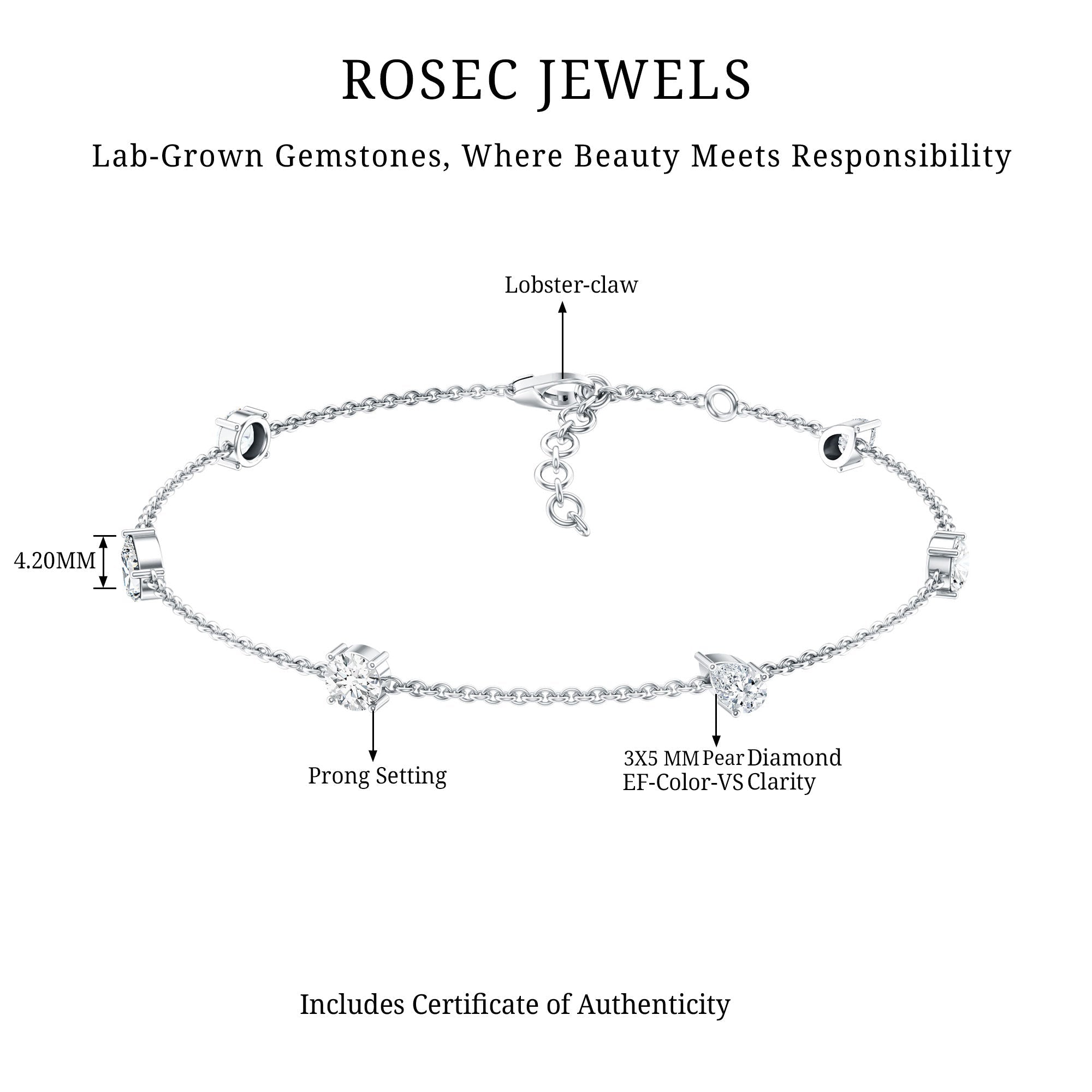 Lab Grown Diamond Bracelet - Stackable Chain With Prong Setting Diamonds
