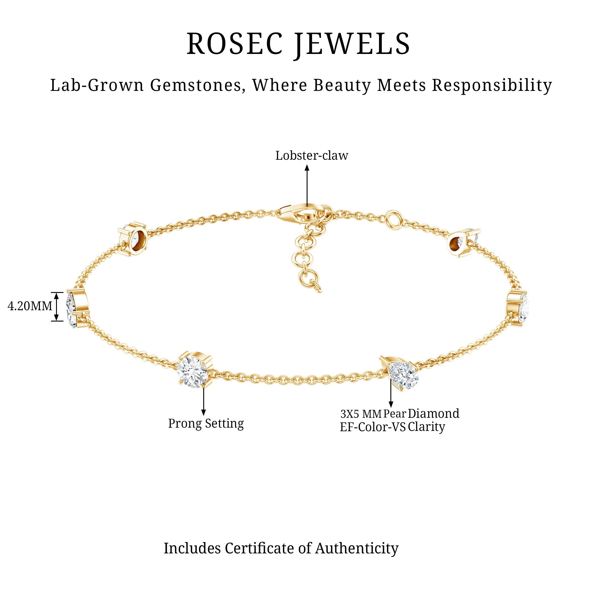 Lab Grown Diamond Bracelet - Stackable Chain With Prong Setting Diamonds