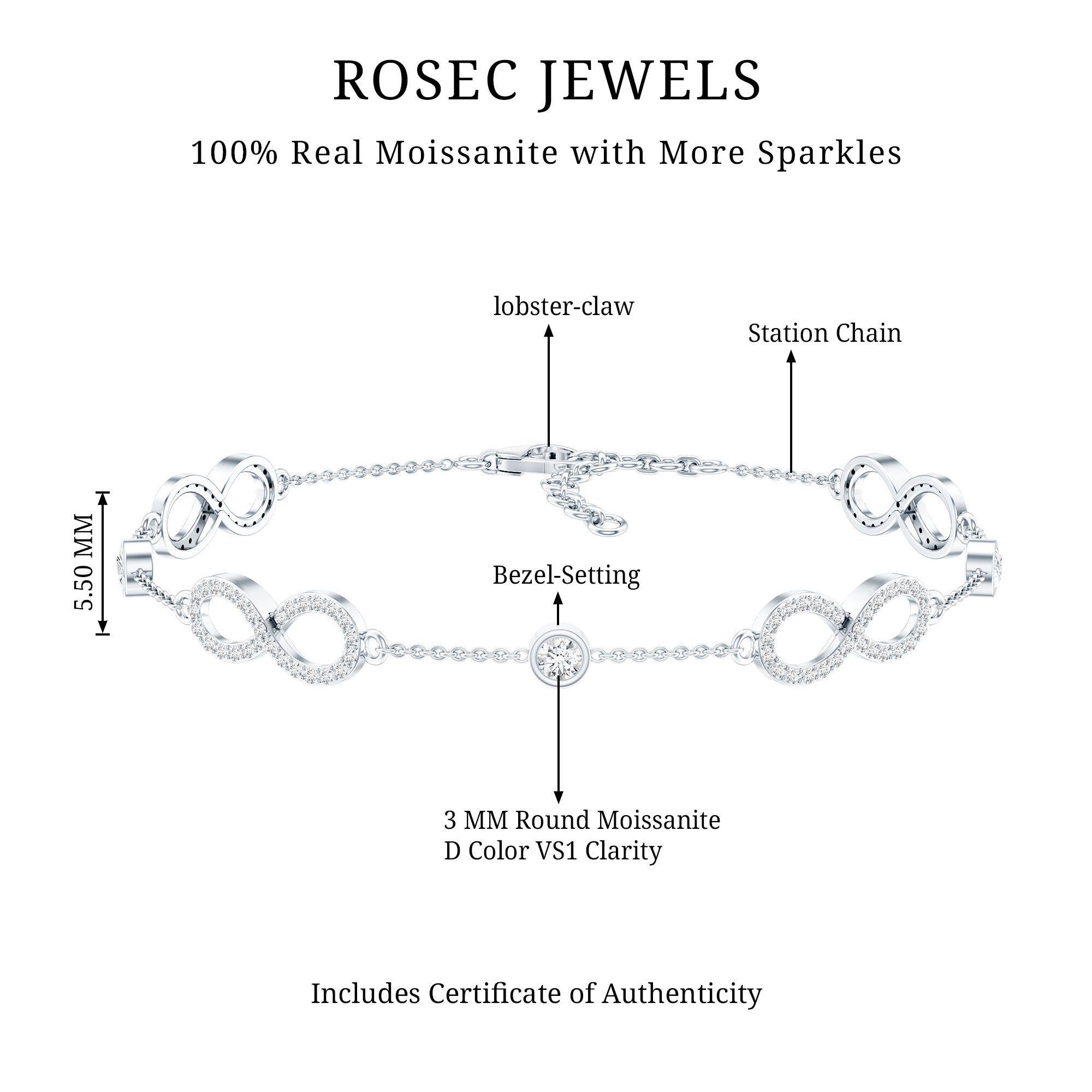 Moissanite Infinity Bracelet – D-VS1 Quality Adjustable Chain, Rose Gold