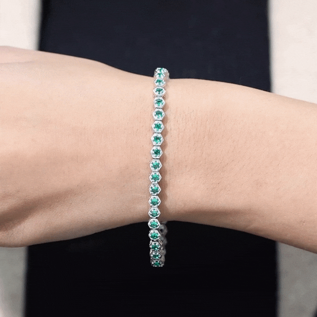 Lab Grown Emerald Bracelet – Hexagon Frame Tennis Bracelet with AAAA Quality Emeralds