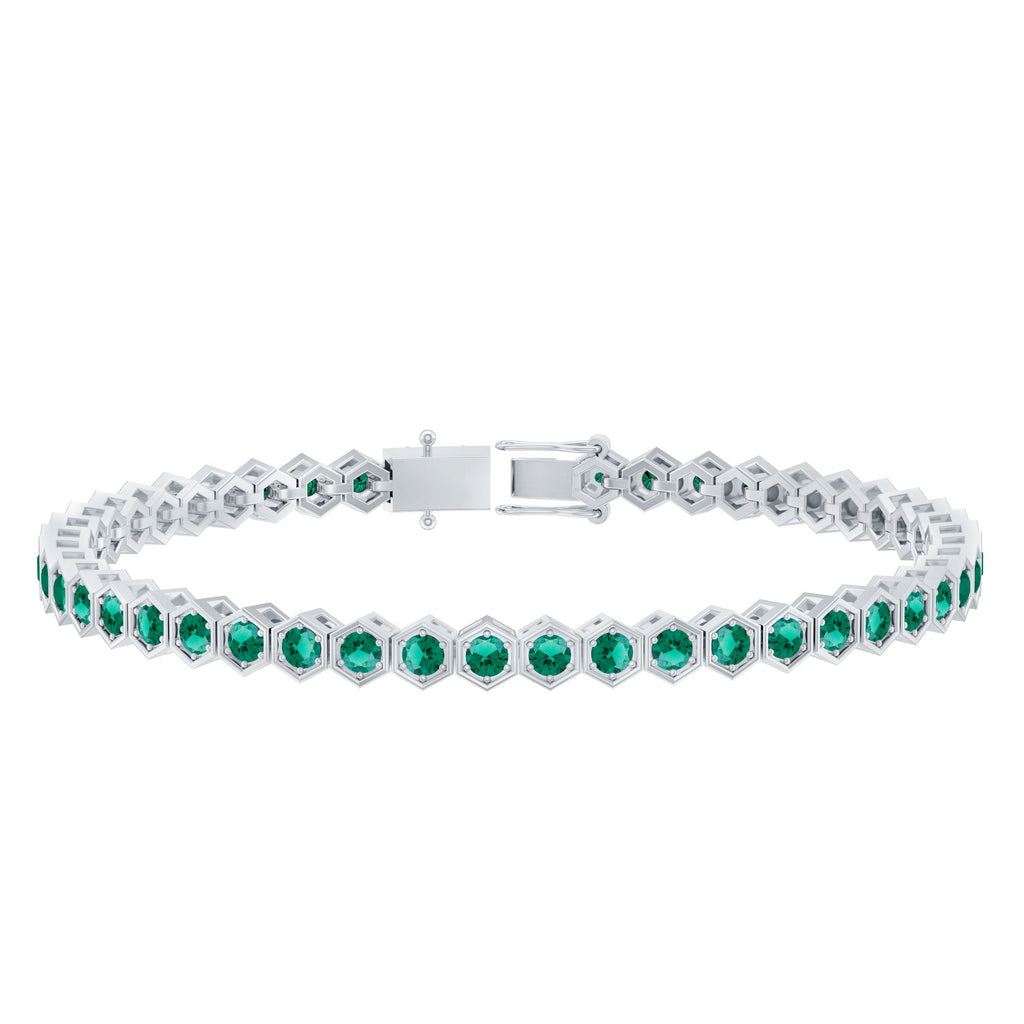 Lab Grown Emerald Bracelet – Hexagon Frame Tennis Bracelet with AAAA Quality Emeralds