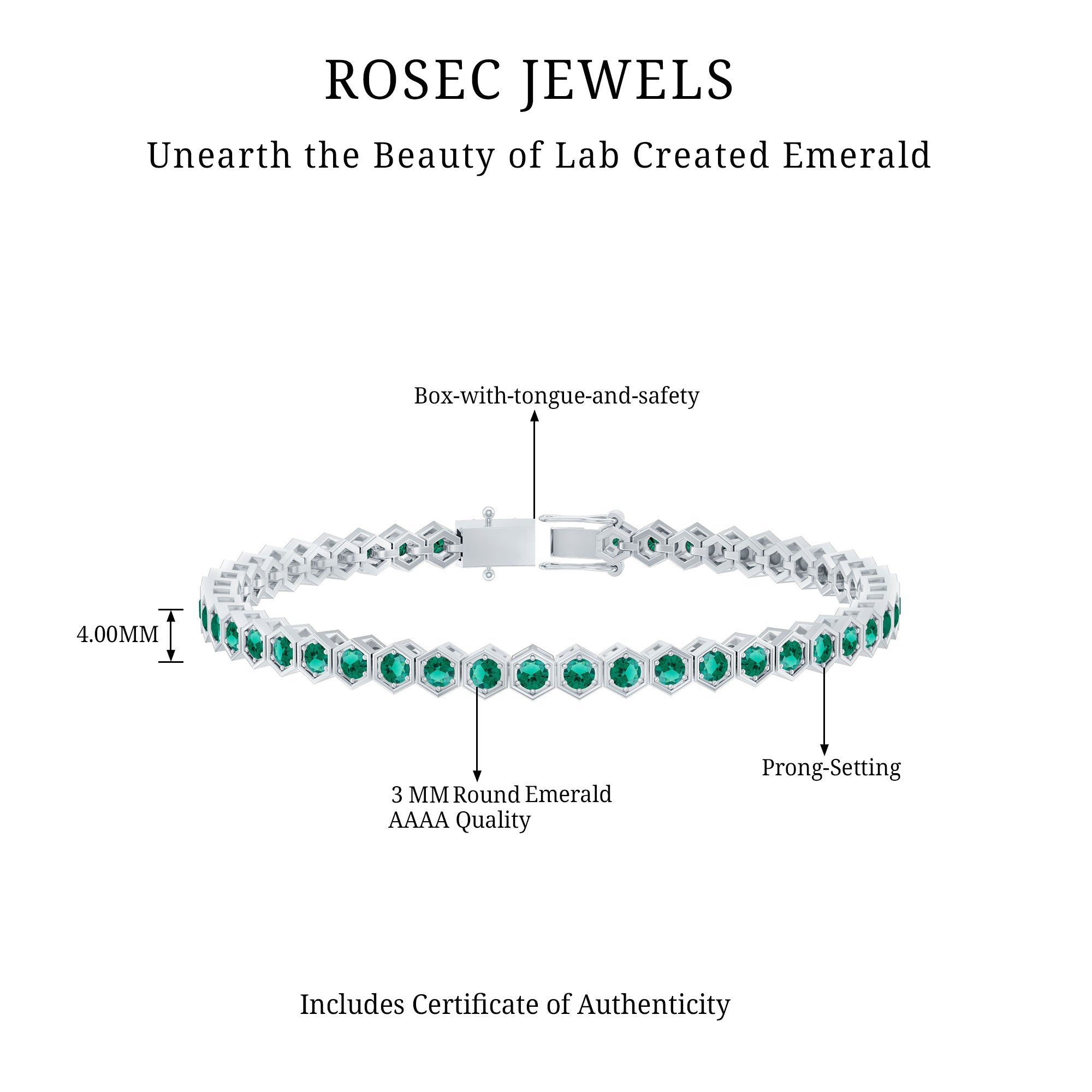 Lab Grown Emerald Bracelet – Hexagon Frame Tennis Bracelet with AAAA Quality Emeralds