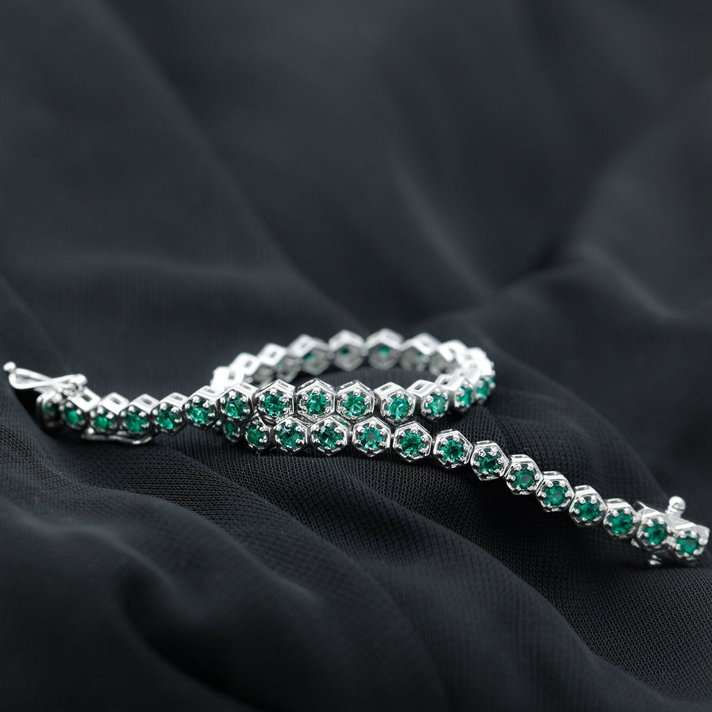 Lab Grown Emerald Bracelet – Hexagon Frame Tennis Bracelet with AAAA Quality Emeralds