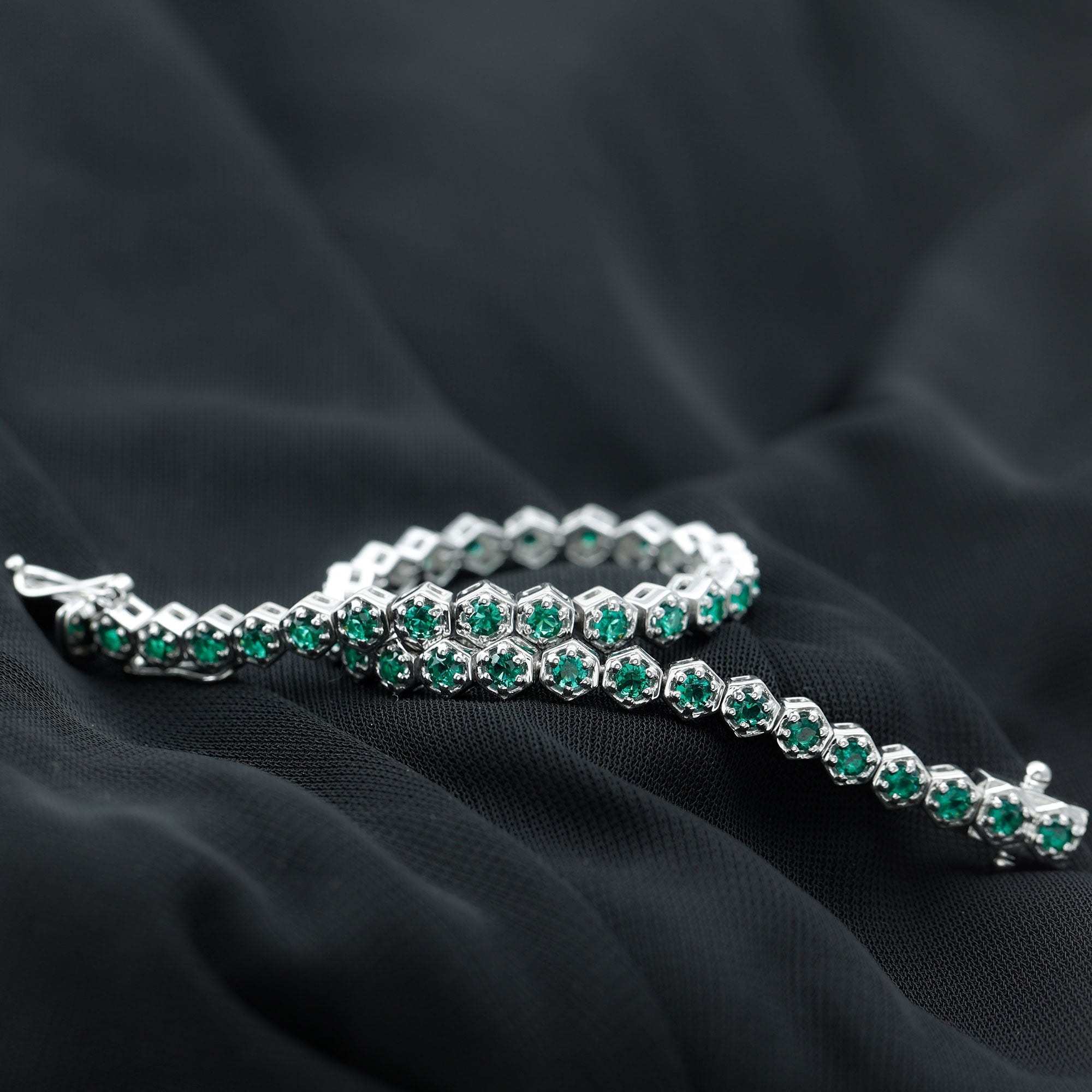 Lab Grown Emerald Bracelet – Hexagon Frame Tennis Bracelet with AAAA Quality Emeralds