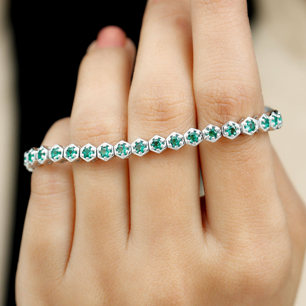 Lab Grown Emerald Bracelet – Hexagon Frame Tennis Bracelet with AAAA Quality Emeralds