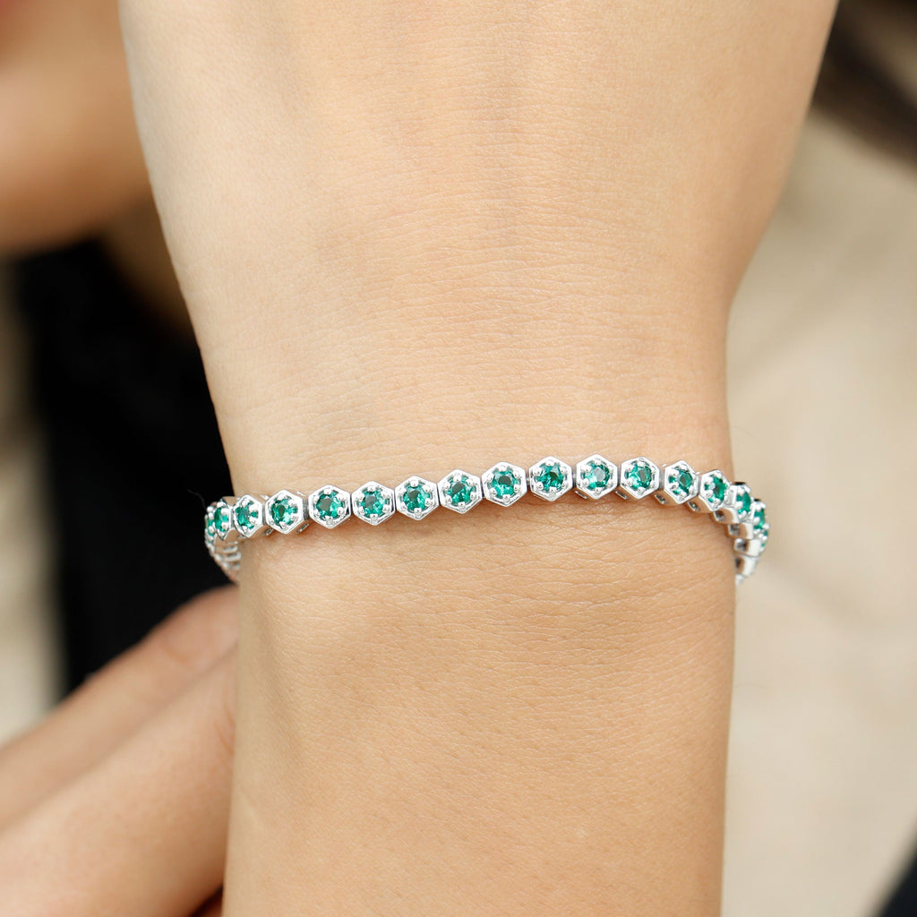 Lab Grown Emerald Bracelet – Hexagon Frame Tennis Bracelet with AAAA Quality Emeralds