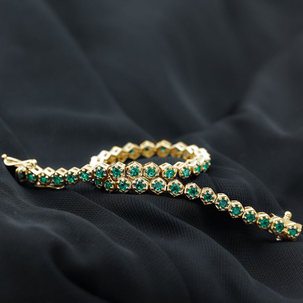 Lab Grown Emerald Bracelet – Hexagon Frame Tennis Bracelet with AAAA Quality Emeralds