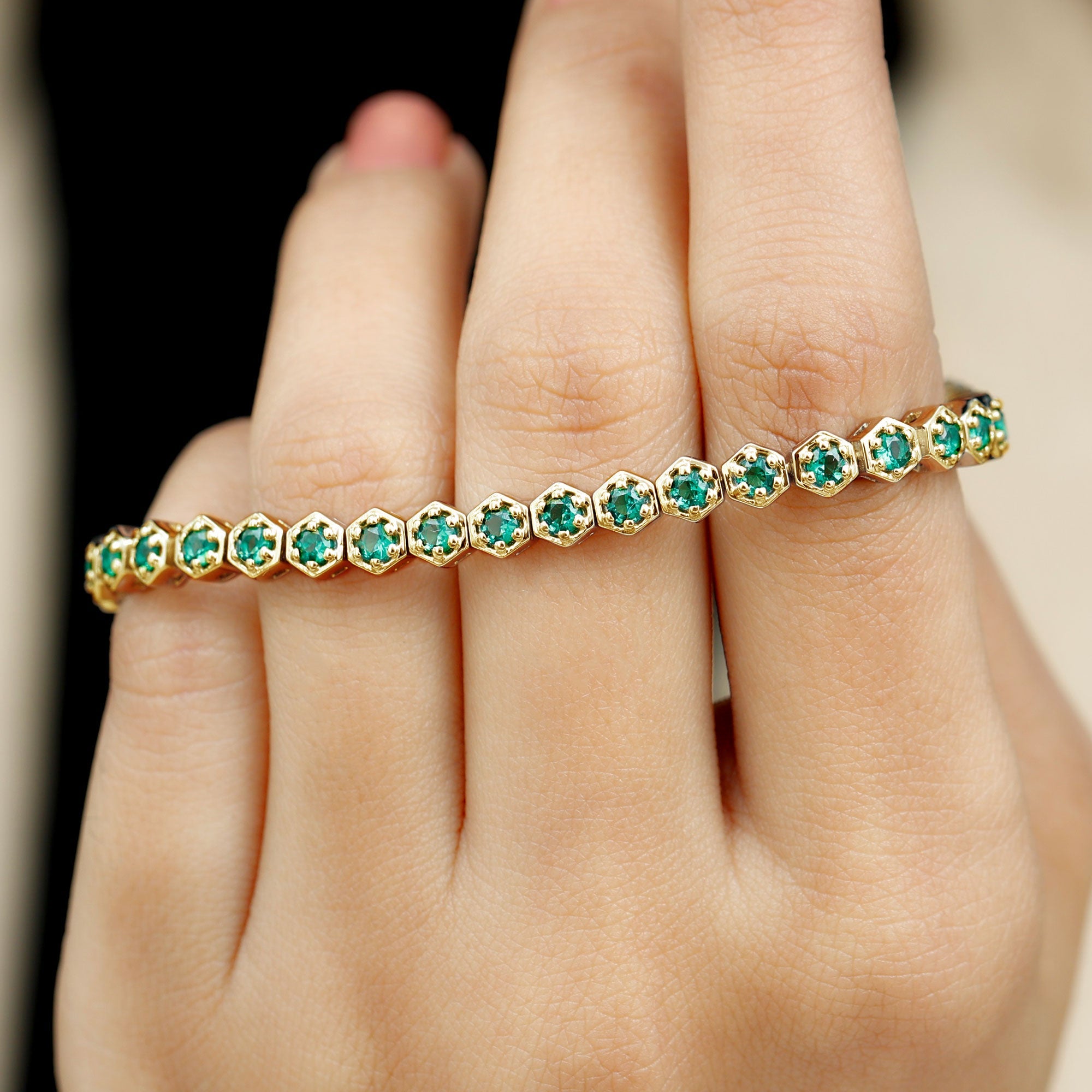 Lab Grown Emerald Bracelet – Hexagon Frame Tennis Bracelet with AAAA Quality Emeralds