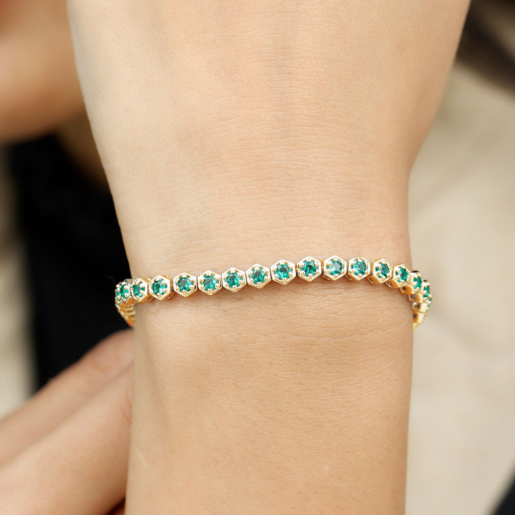 Lab Grown Emerald Bracelet – Hexagon Frame Tennis Bracelet with AAAA Quality Emeralds
