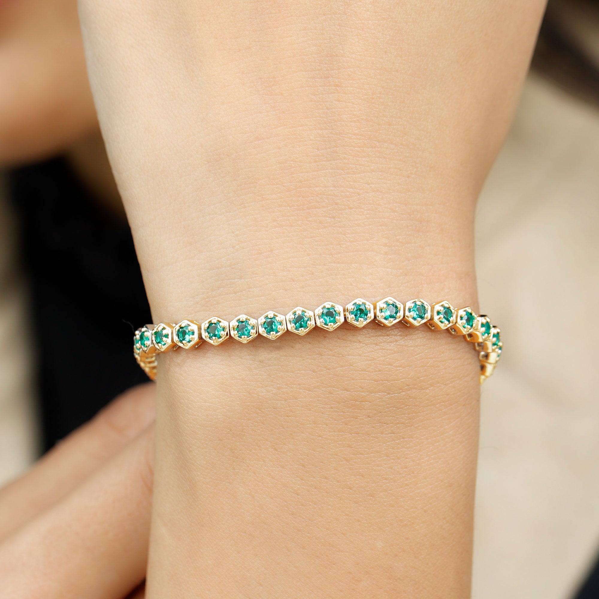 Lab Grown Emerald Bracelet – Hexagon Frame Tennis Bracelet with AAAA Quality Emeralds