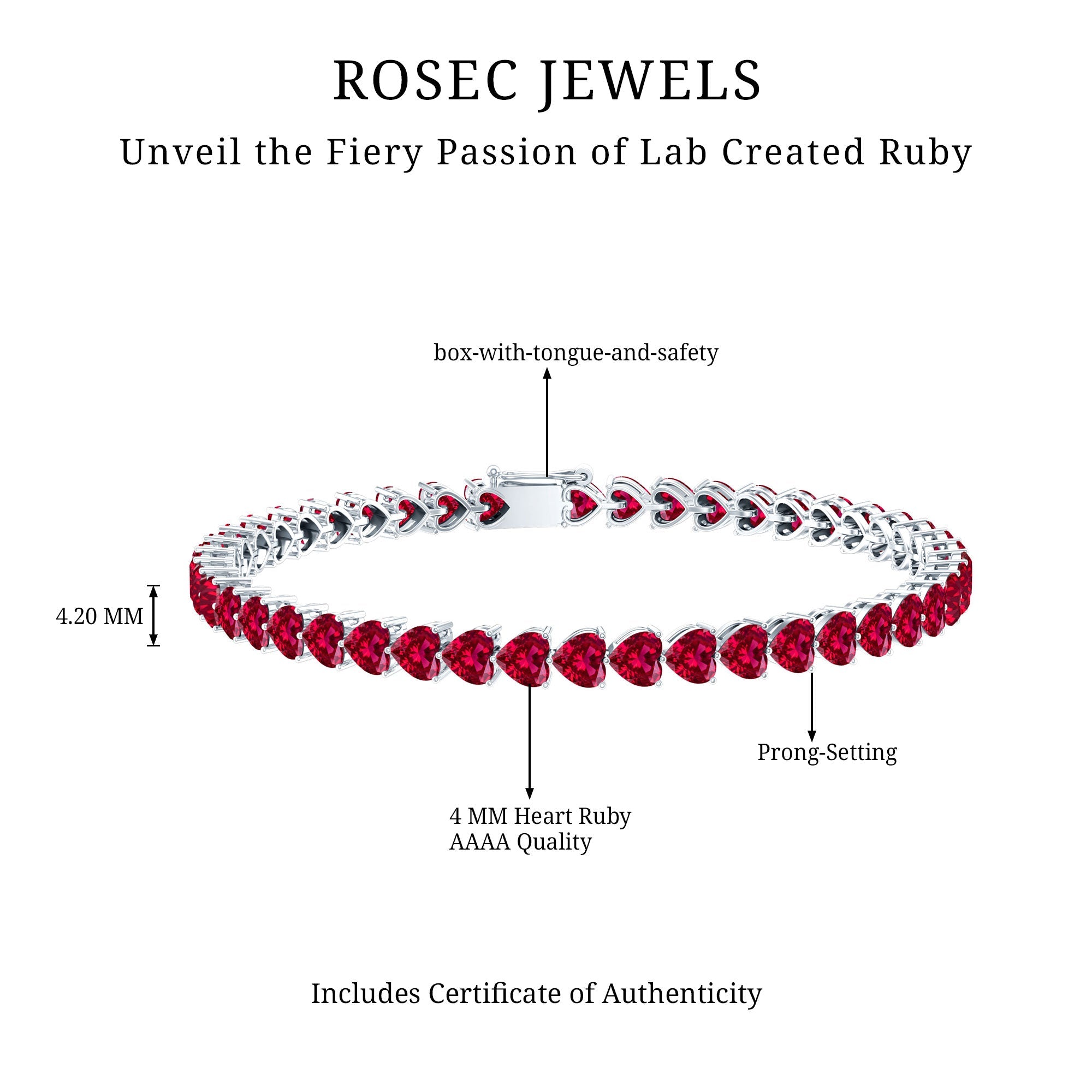 Lab Grown Ruby Bracelet – Heart Shape Tennis Band with AAAA Quality Rubies